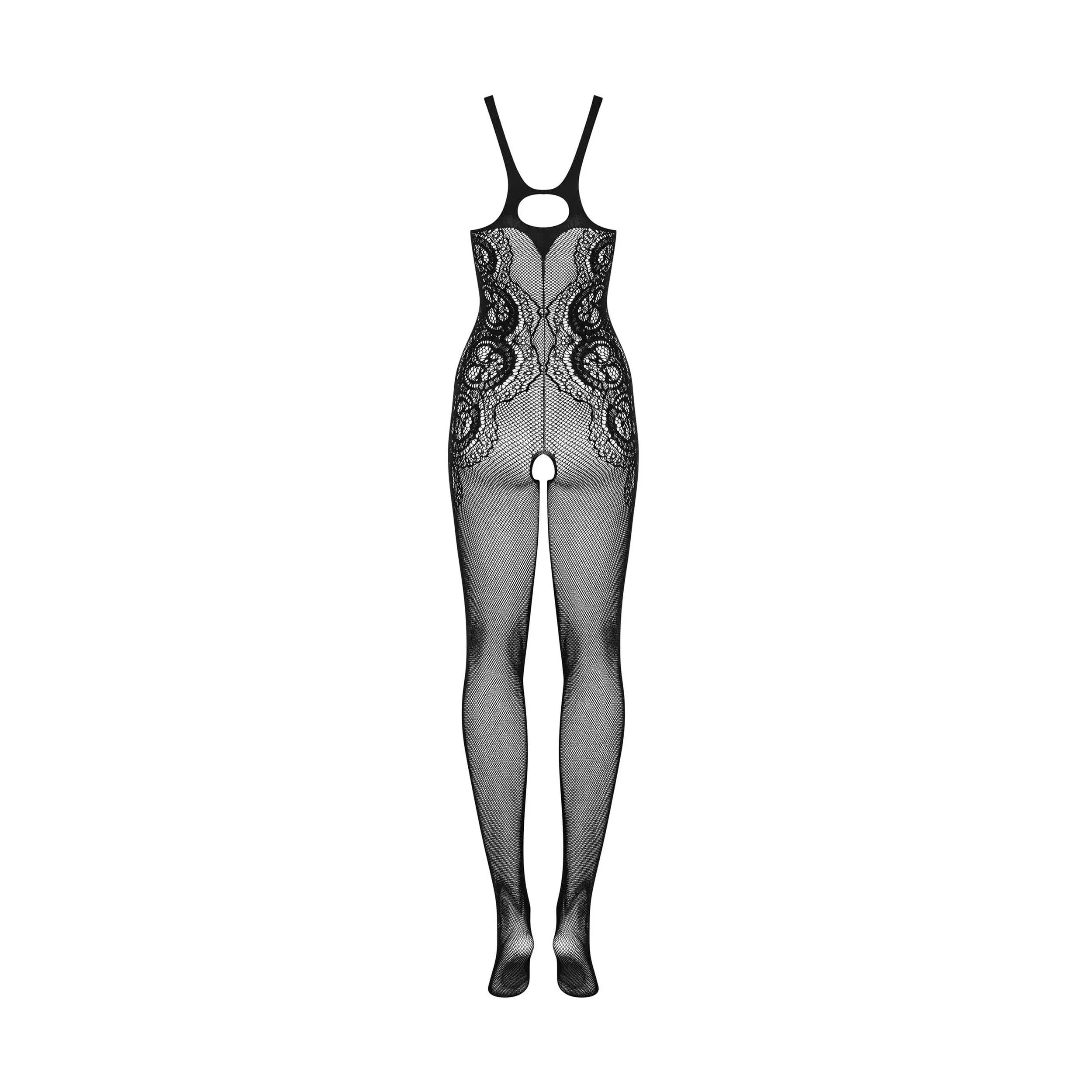Bodystocking noir motif unique, maille ouverte, entrejambe ouvert, élégant et sculptant, lingerie sexy et confortable.