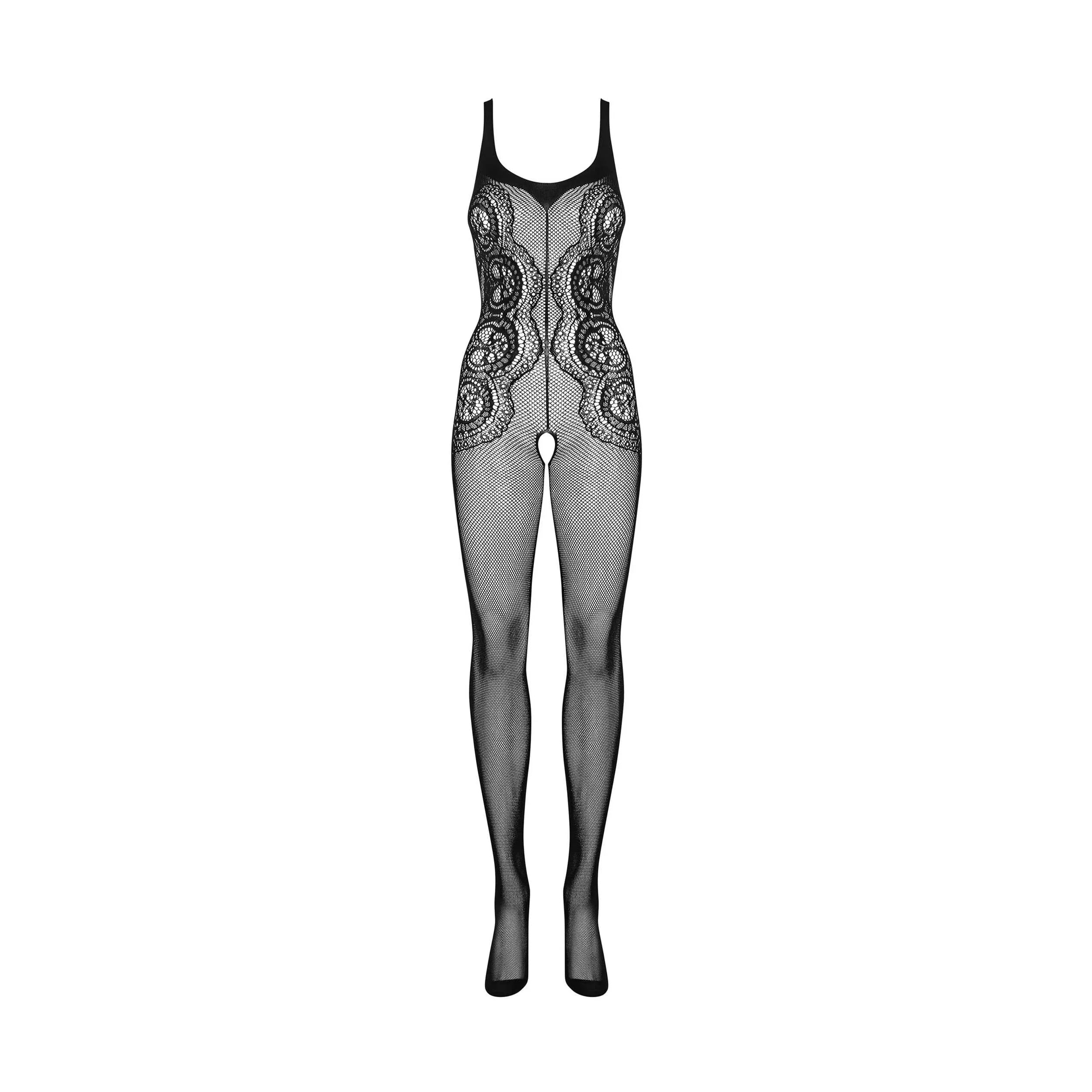Bodystocking noir motif unique maille ouverte, entrejambe ouvert, élégant et sculptant, confortable et sexy.