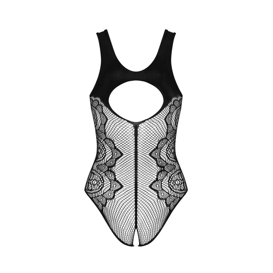 Body noir ouvert en maille rayée, résille transparente, entrejambe ouvert, design séduisant et moulant, lingerie sexy.