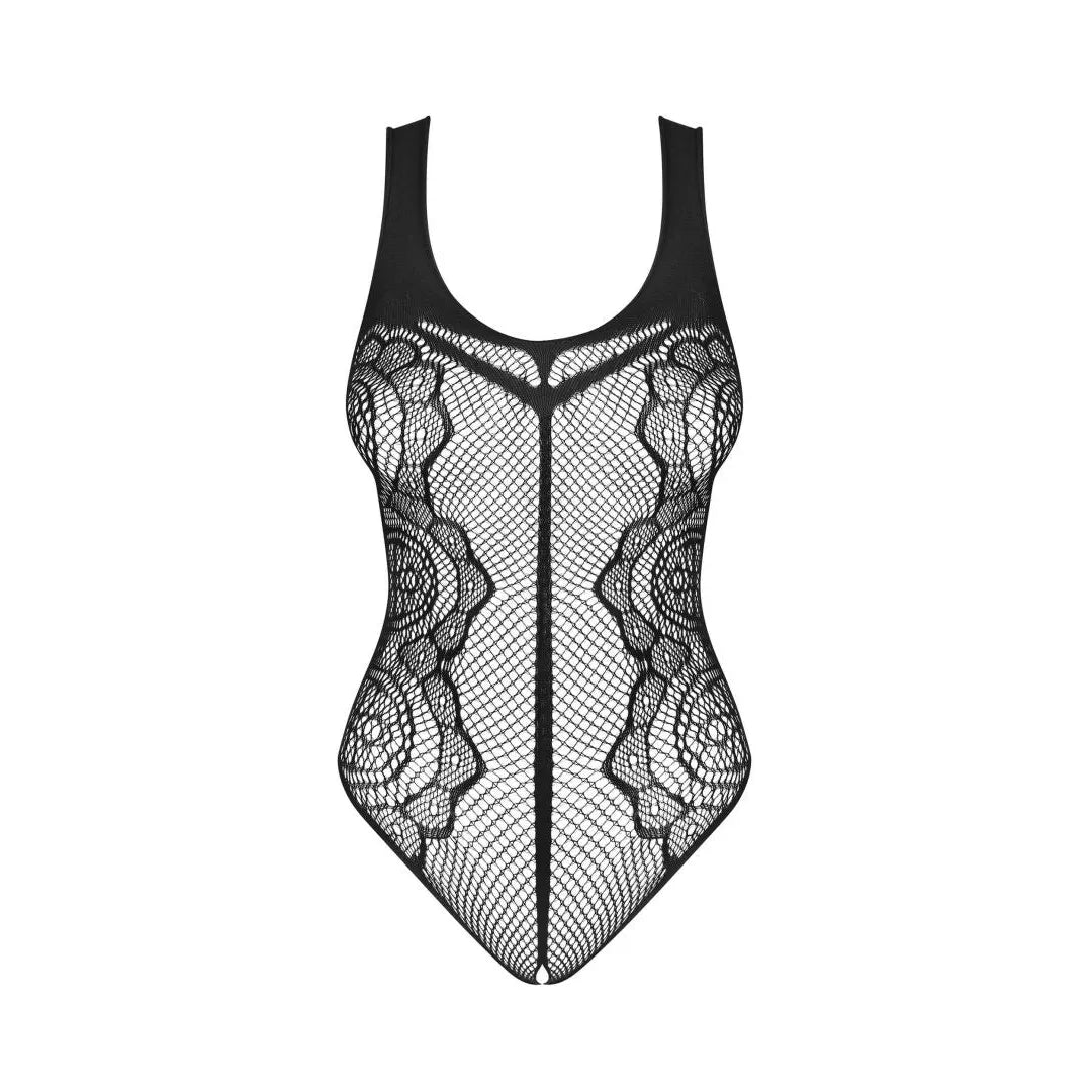 Body noir en maille rayée, entrejambe ouvert, résille transparente, moulant et extensible, lingerie séduisante.