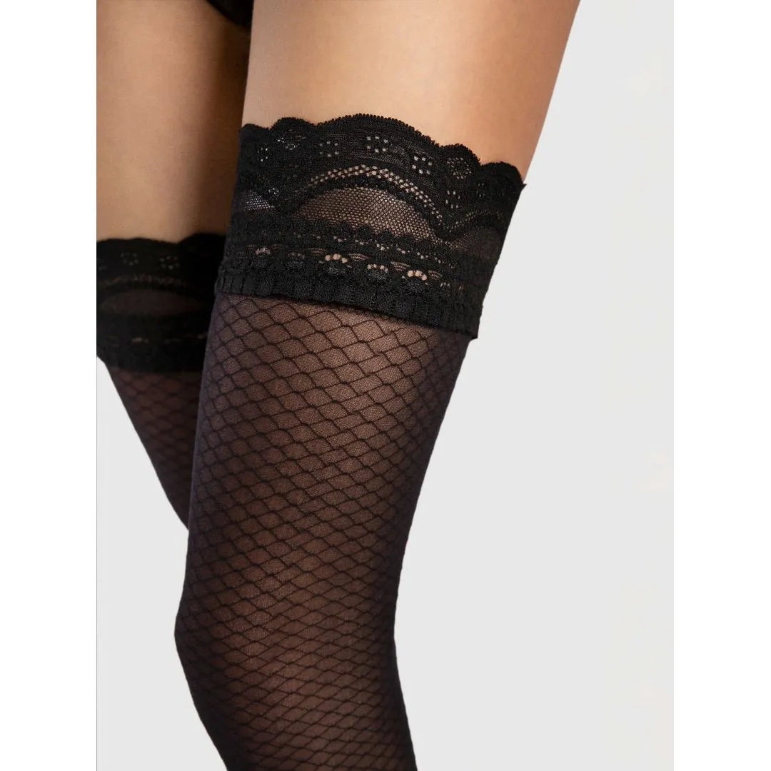 Bas auto-adhésifs Dolcezza noir 20 den, résille élégante, bande dentelée, haut de cuisse, lingerie sexy et confortable.