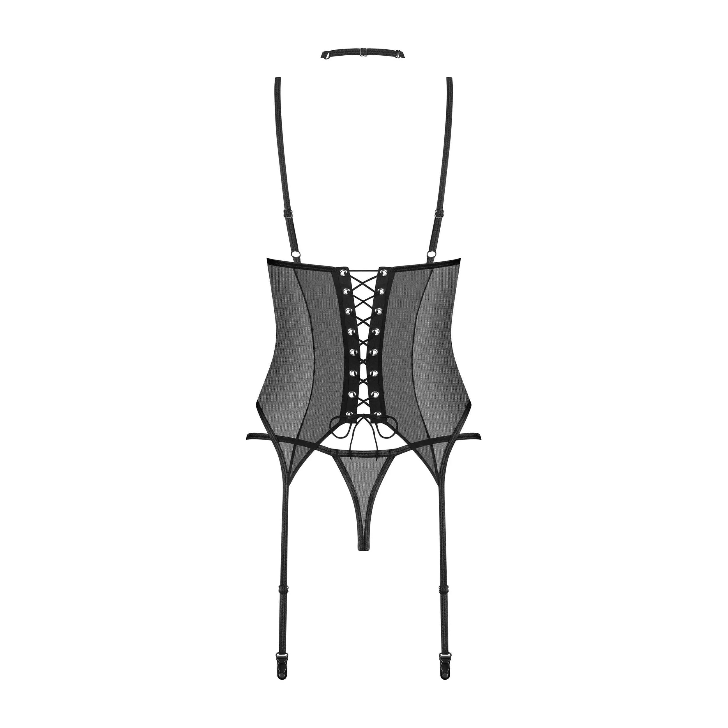 Corset noir Donarella en dentelle avec laçage ajustable, bonnets à armatures, string et collier ras du cou élégant.