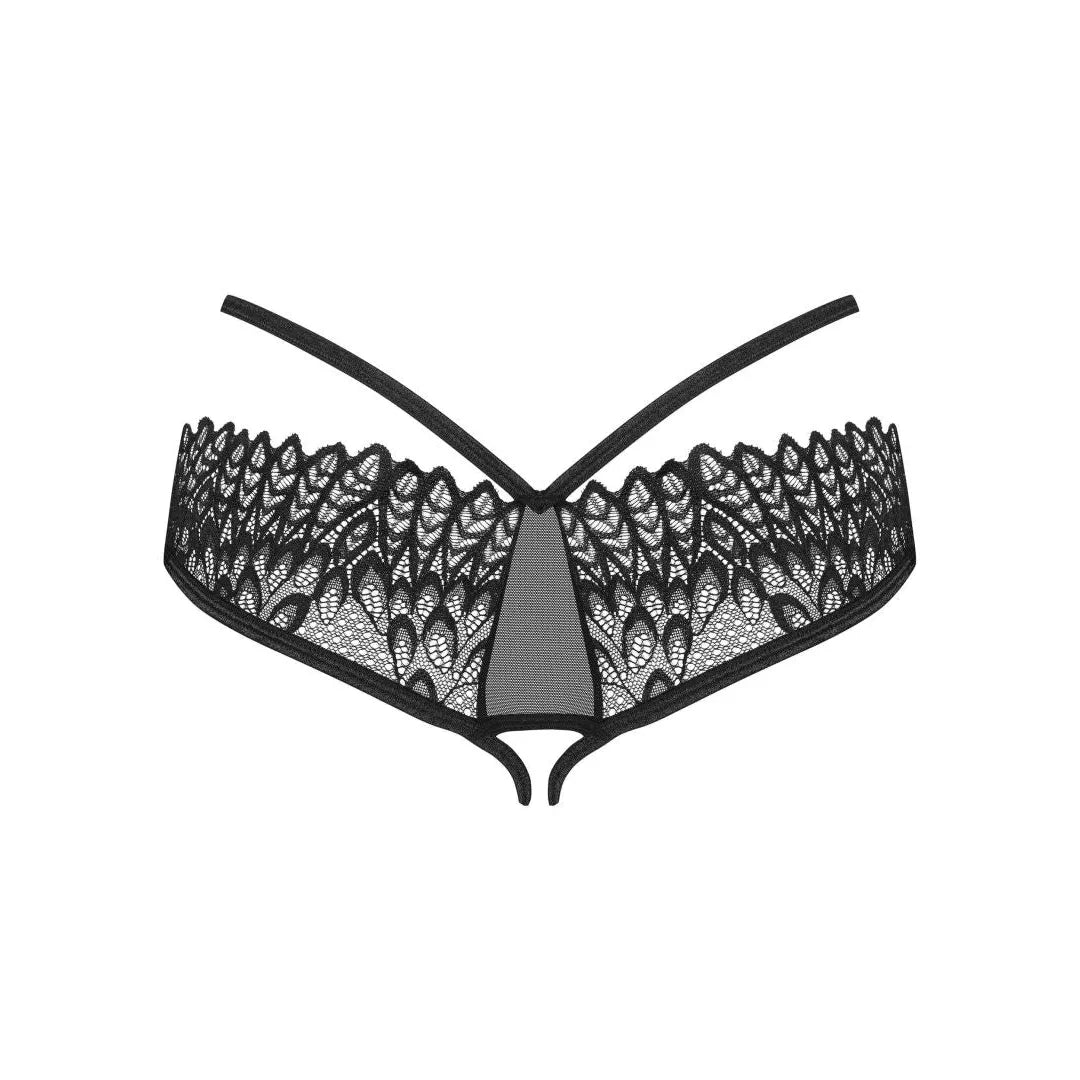 Culotte ouverte noire en dentelle fine avec strass, design élégant et sensuel, confort extensible pour femme.