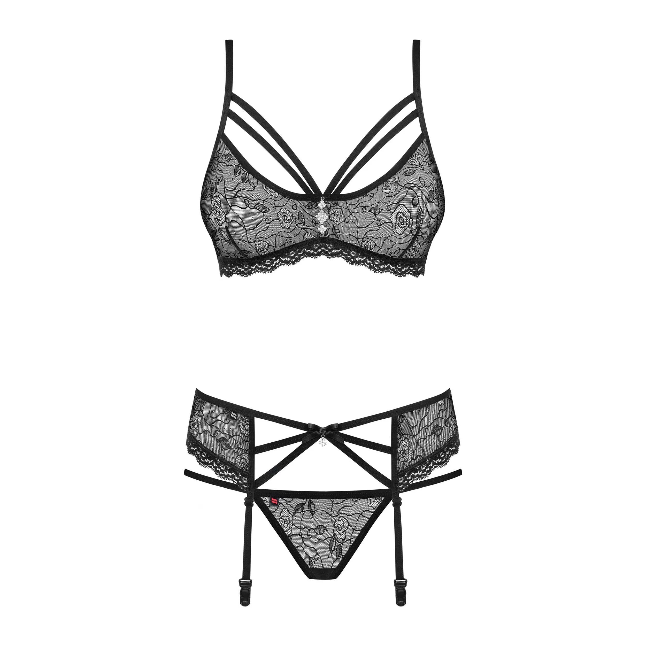 Ensemble lingerie noir transparent en dentelle avec bijoux, bretelles réglables, design séduisant et confortable.