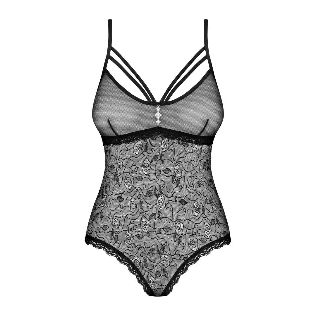 Body noir semi-transparent motifs floraux, bijou ornemental, bretelles fines, polyamide élasthanne, élégant et sensuel.