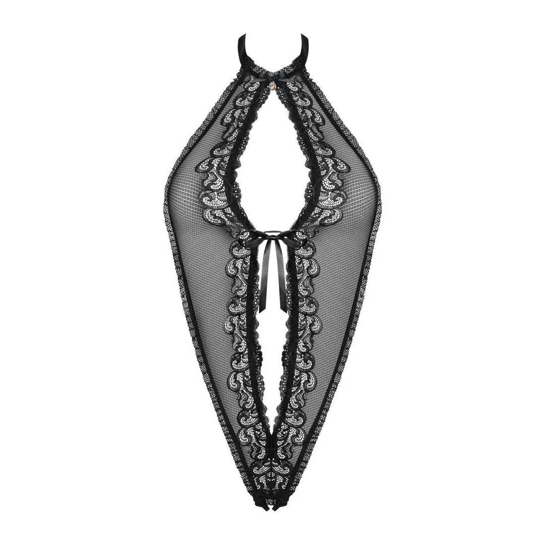 Body noir sexy ouvert avec laçage ajustable, bijou brillant à l'entrejambe, en polyamide élasthanne, silhouette sculptante.