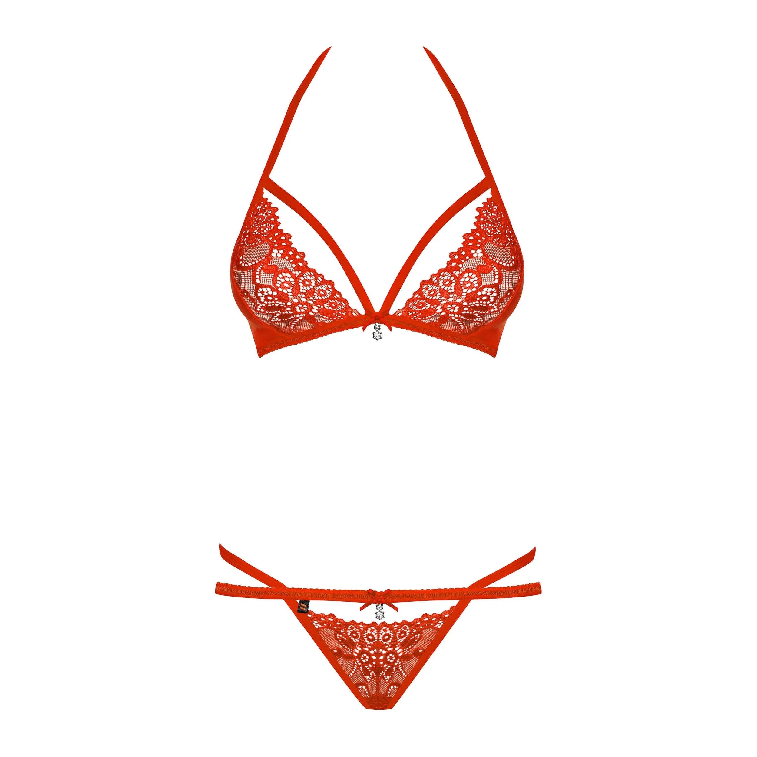 Ensemble lingerie rouge en dentelle et maille avec bijou, soutien-gorge et string, lanières élégantes, style sensuel.