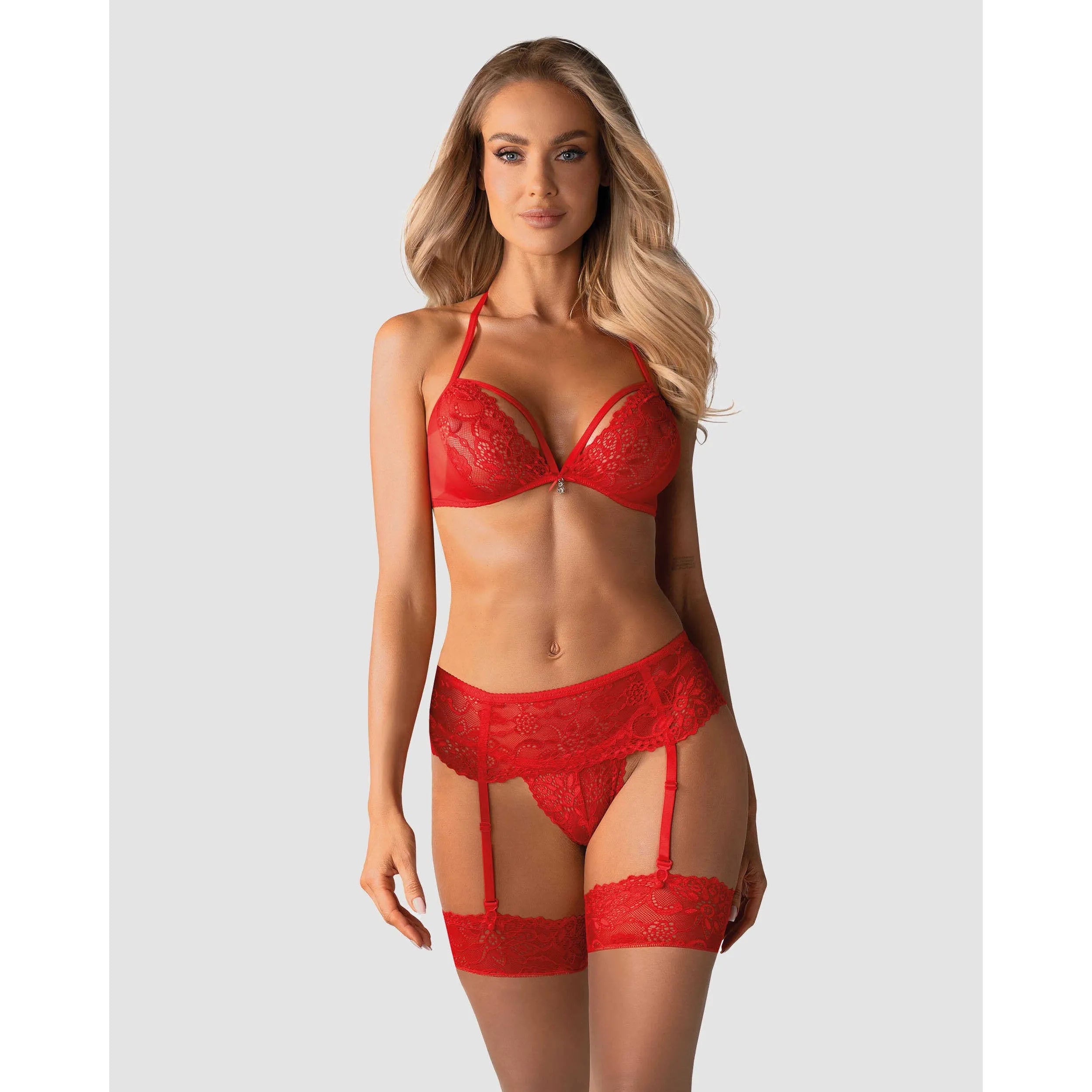 Ensemble lingerie rouge en dentelle et maille avec bijoux, 3 pièces, charme et élégance, collection Obsessive 838.