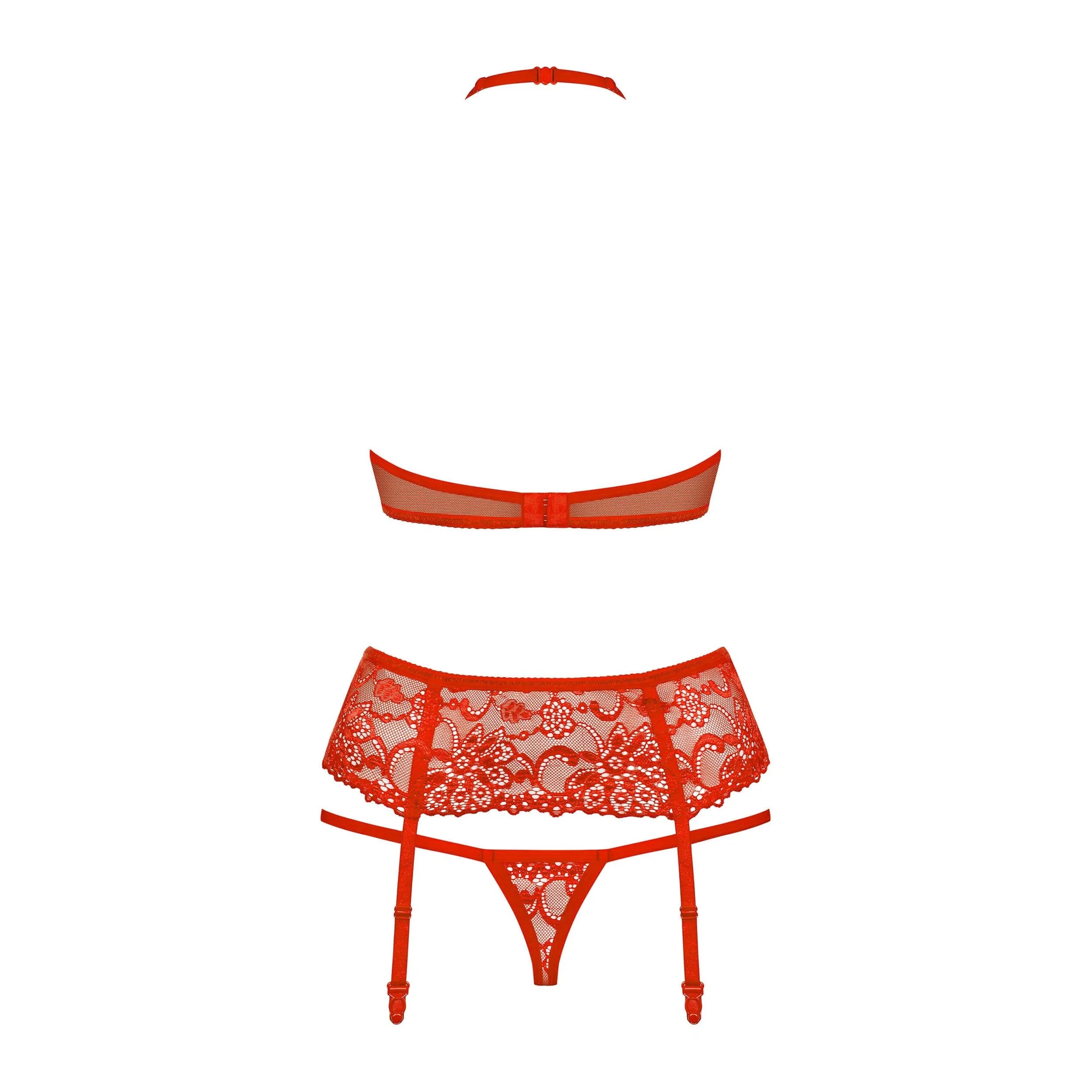 Ensemble lingerie rouge dentelle et maille, 3 pièces, bijoux charme, glamour et sensualité, collection Obsessive 838.