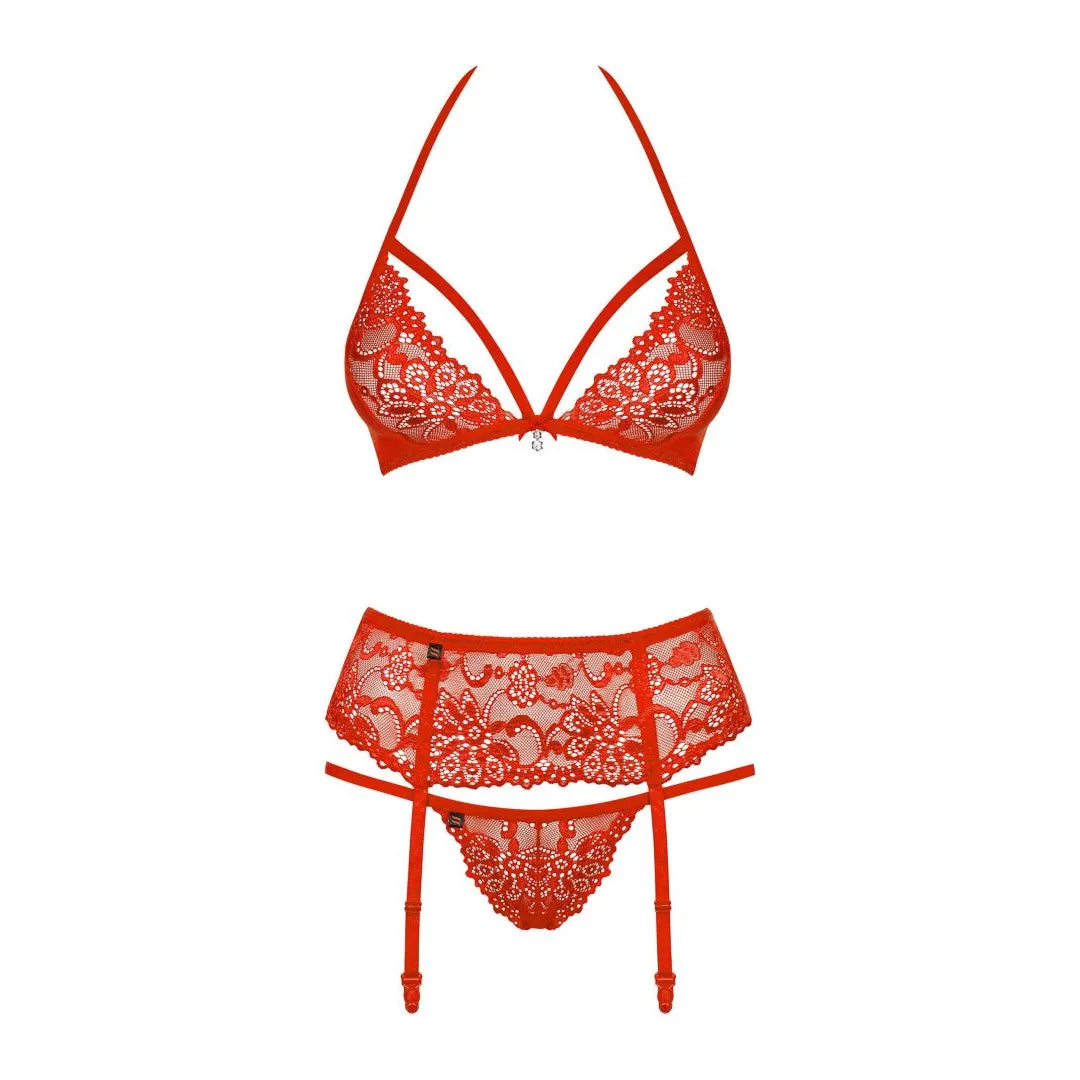 Ensemble lingerie rouge dentelle et maille, 3 pièces avec bijoux, style glamour et sophistiqué pour Saint-Valentin.