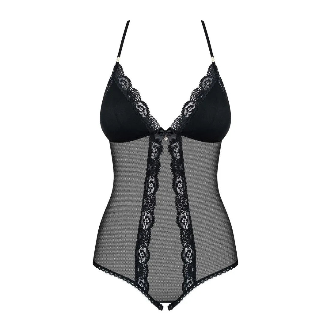 Body noir bijou brillant, entrejambe ouvert, dentelle élégante, polyamide élasthanne, style glamour et sensuel.