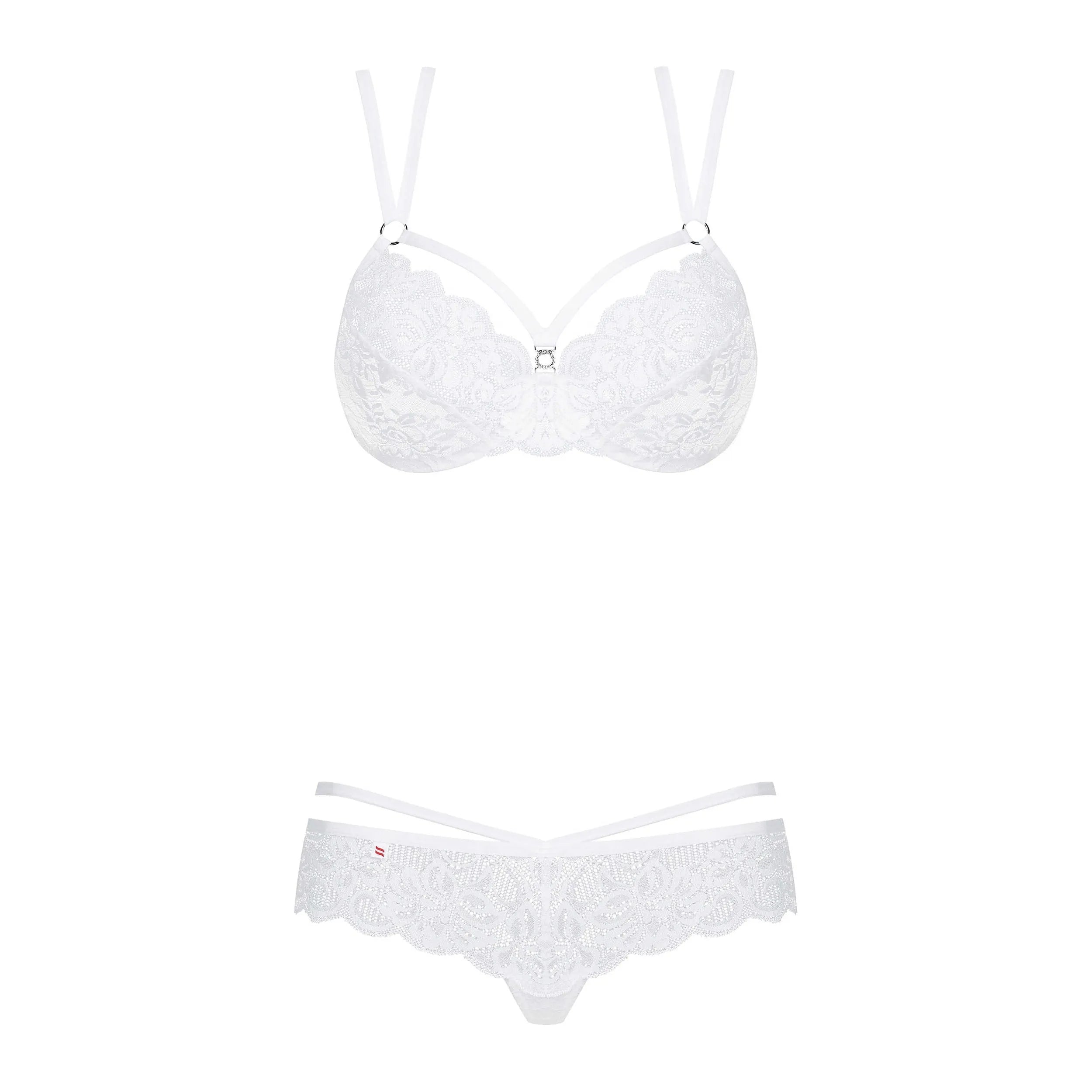 Ensemble lingerie blanc dentelle avec strass, soutien-gorge à armatures et tanga, lanières ajustables, style glamour et ro...