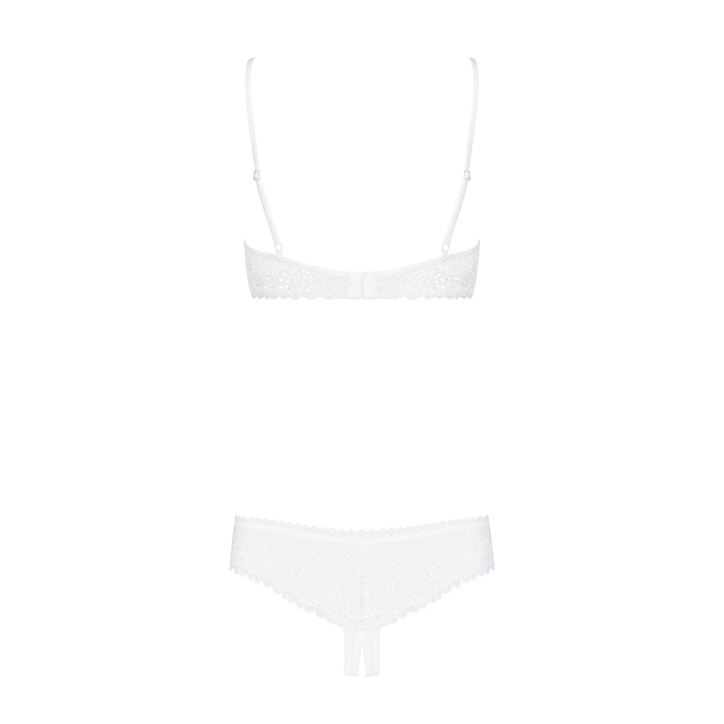 Ensemble lingerie blanc demi-bonnets ouverts, bretelles réglables, shorty ouvert, dentelle élégante, séduction raffinée.