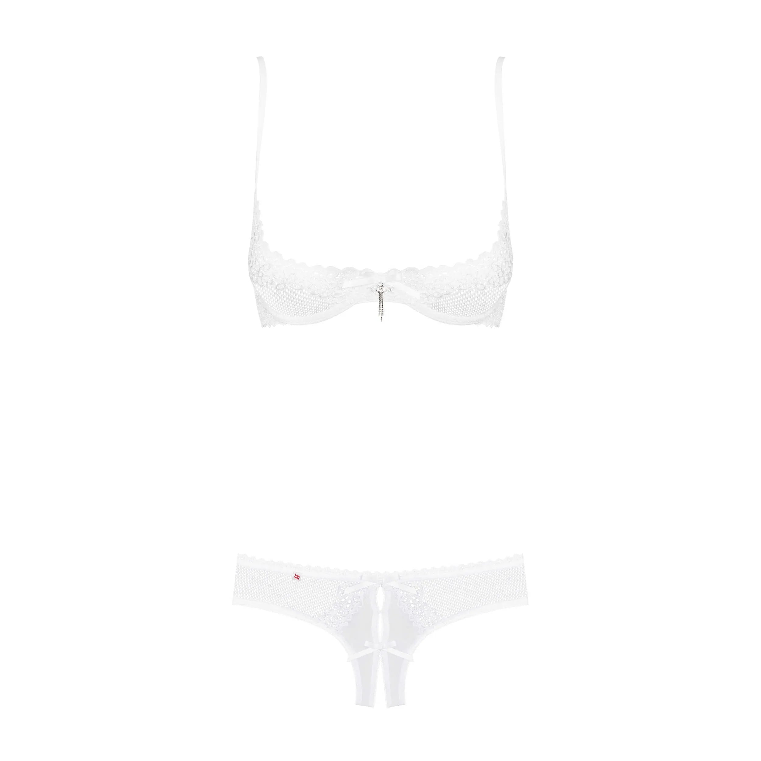 Ensemble lingerie blanc demi-bonnets ouverts, bretelles réglables, shorty ouvert, dentelle élégante, séduction et confort.