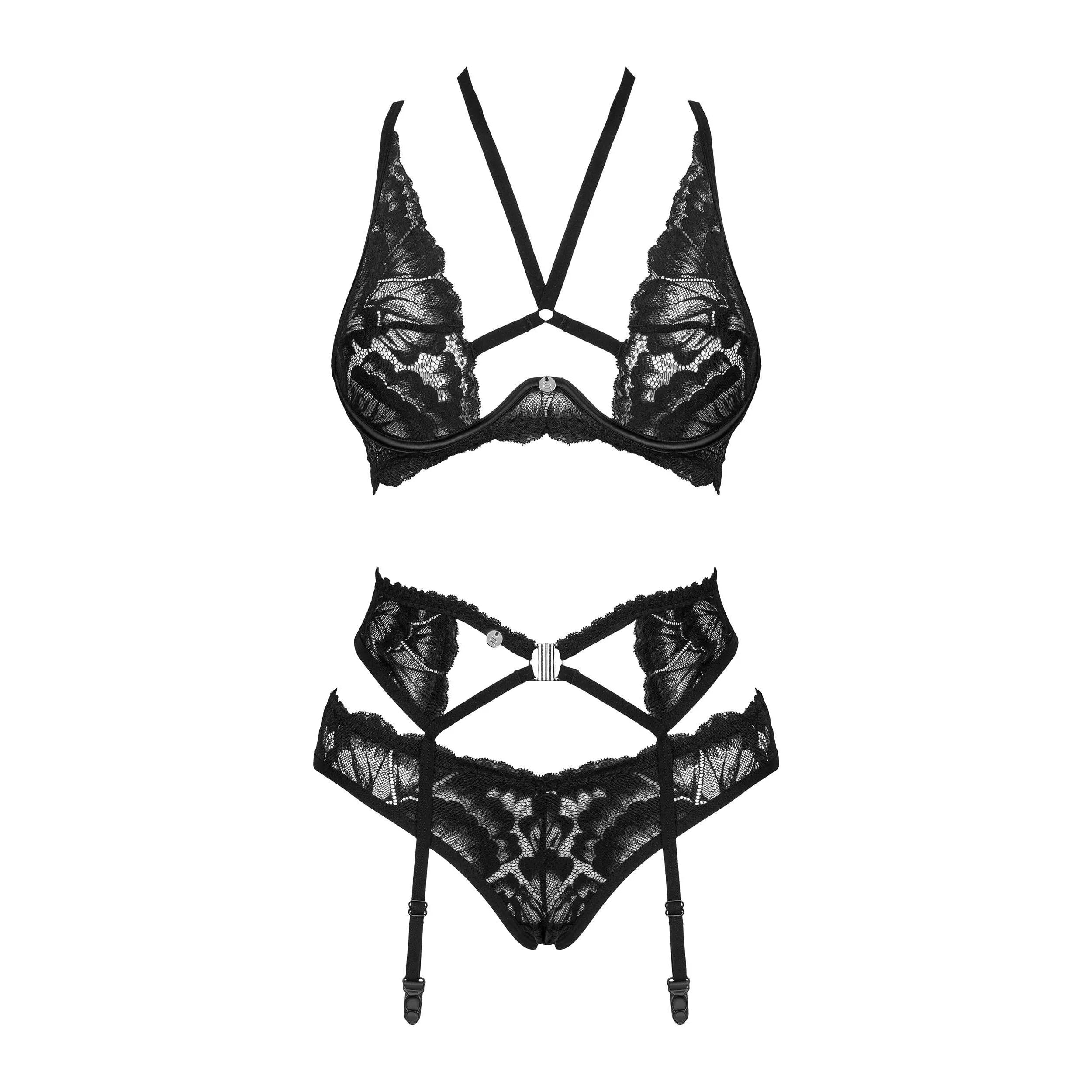 Ensemble lingerie 3 pièces dentelle noire Alessya avec soutien-gorge, porte-jarretelles, détails élégants et sensuels.