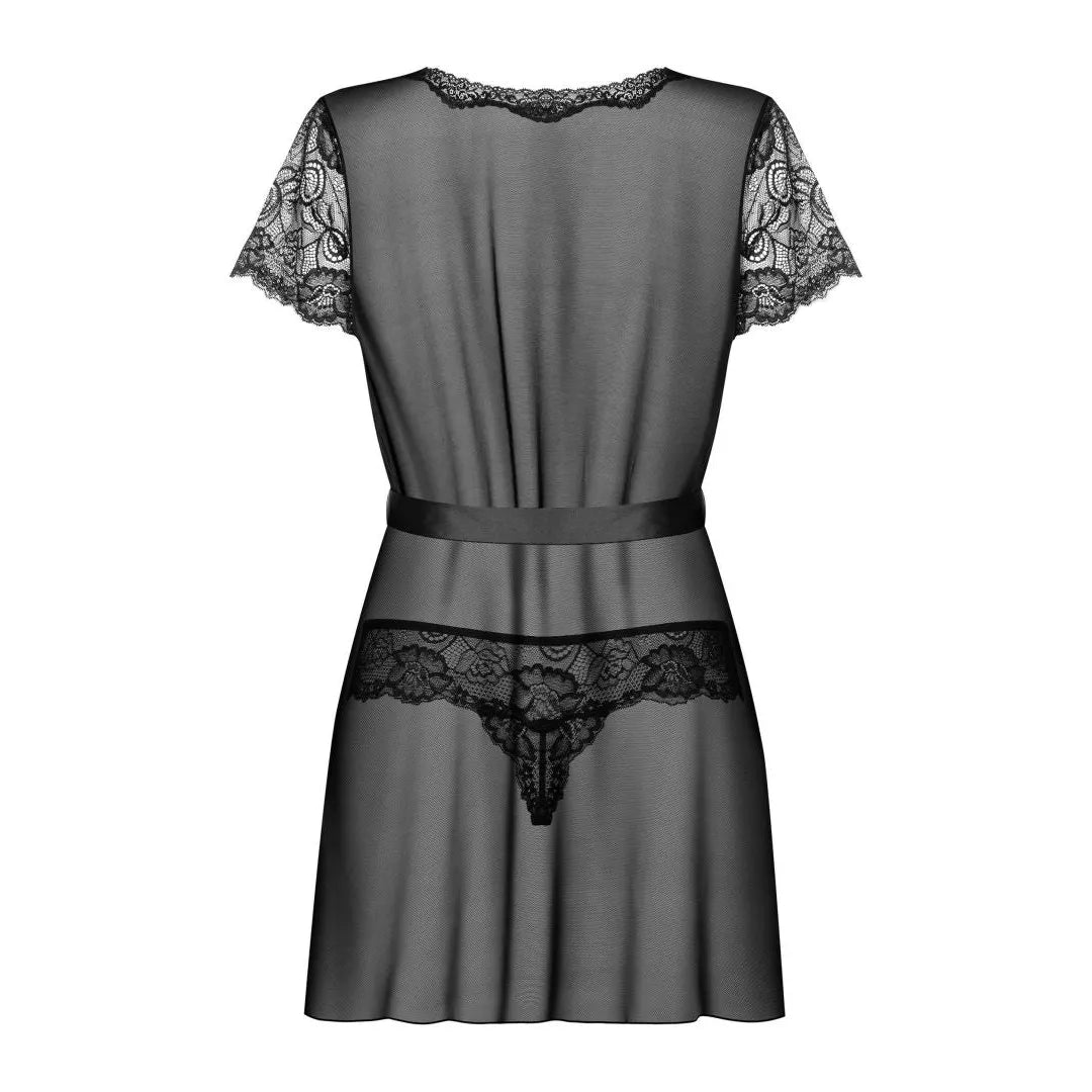 Peignoir noir en dentelle florale transparente avec ceinture satinée, manches courtes, allure élégante et sensuelle.