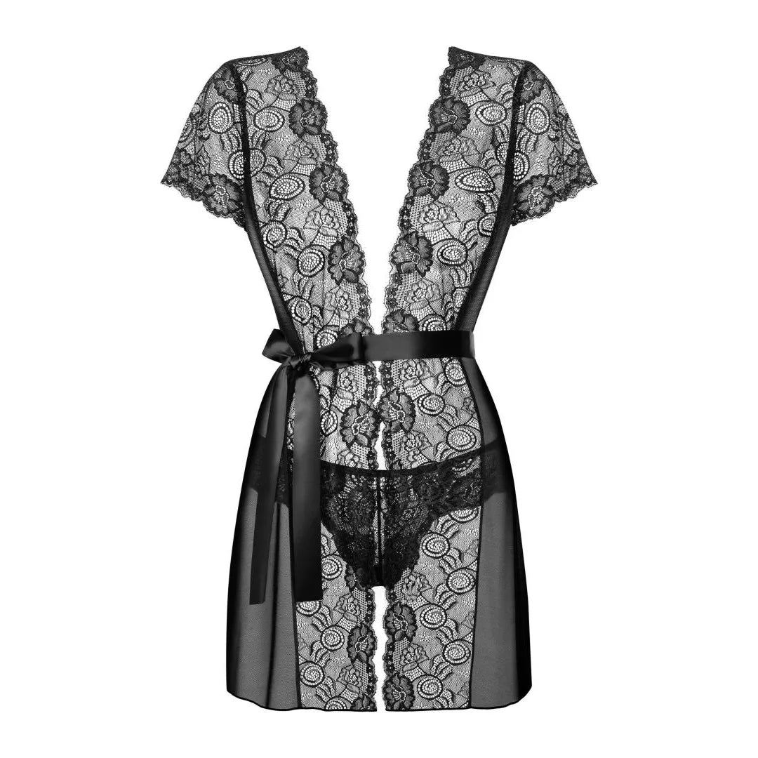 Peignoir noir en dentelle florale transparente avec ceinture satinée, allure élégante et séduisante pour moments intimes.