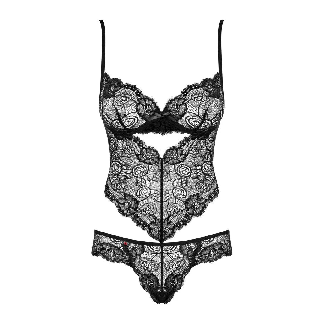Body dentelle noire sexy, bonnets armatures, bretelles ajustables, coupe triangulaire, laçage corset dos, matière extensible.