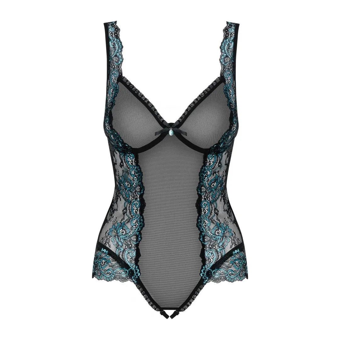 Body dentelle turquoise transparent, maille noire, bonnets armatures, bretelles réglables, empiècements amincissants.
