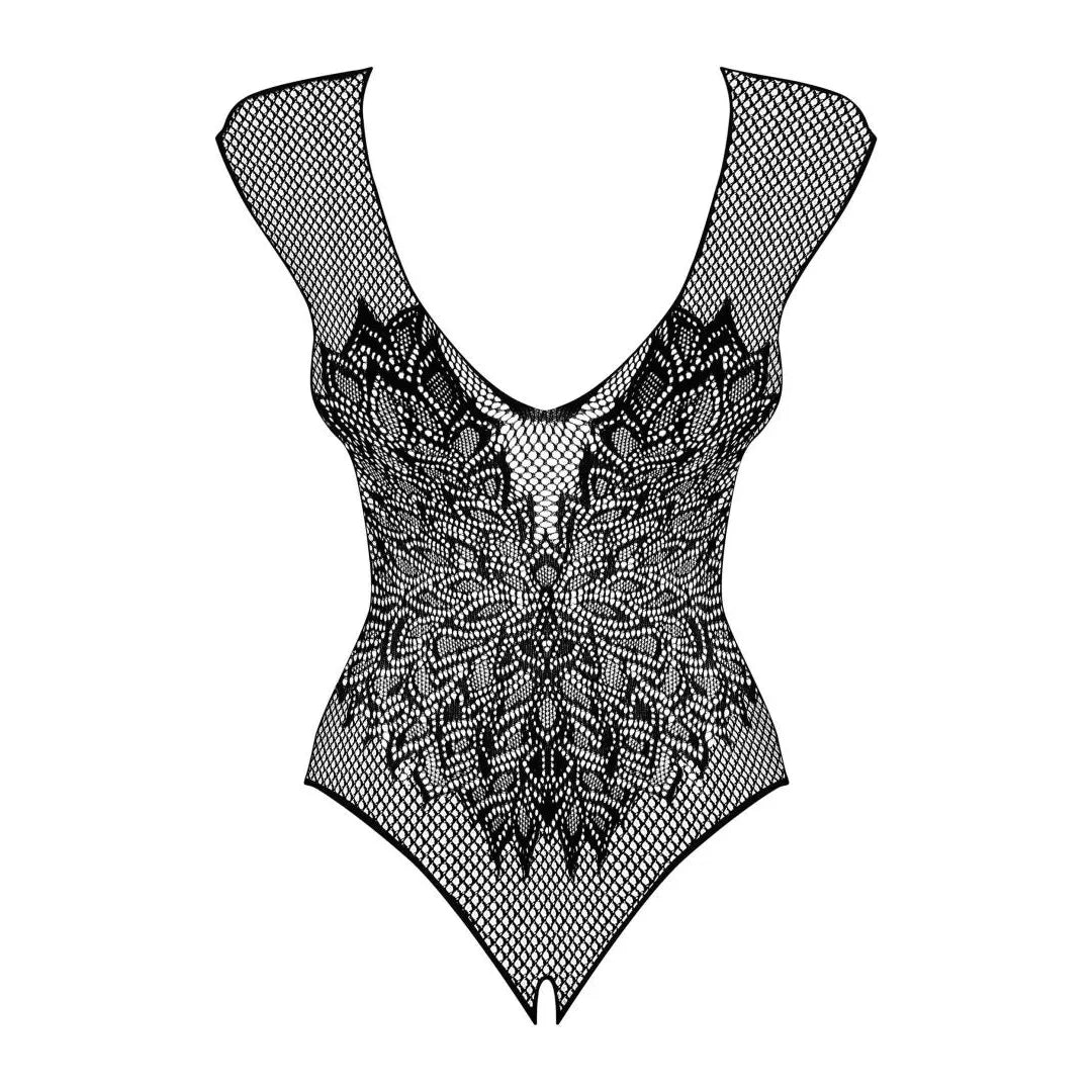 Body ouvert noir résille élastique semi-transparent avec ailes délicates, design sensuel et élégant, ajustement confortable.