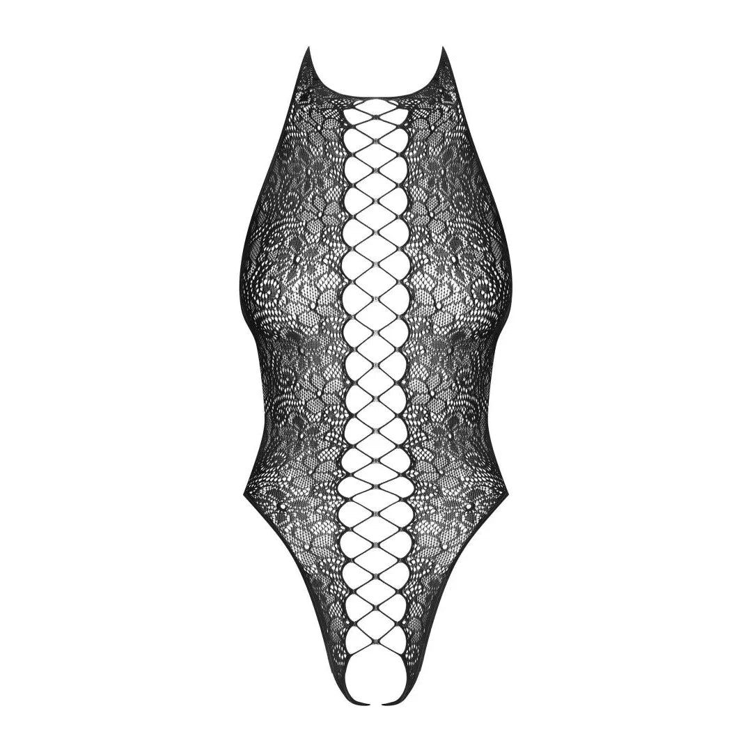 Body noir en dentelle et maille satinée, bretelles réglables, design ajusté et élégant, style glamour et séduisant.