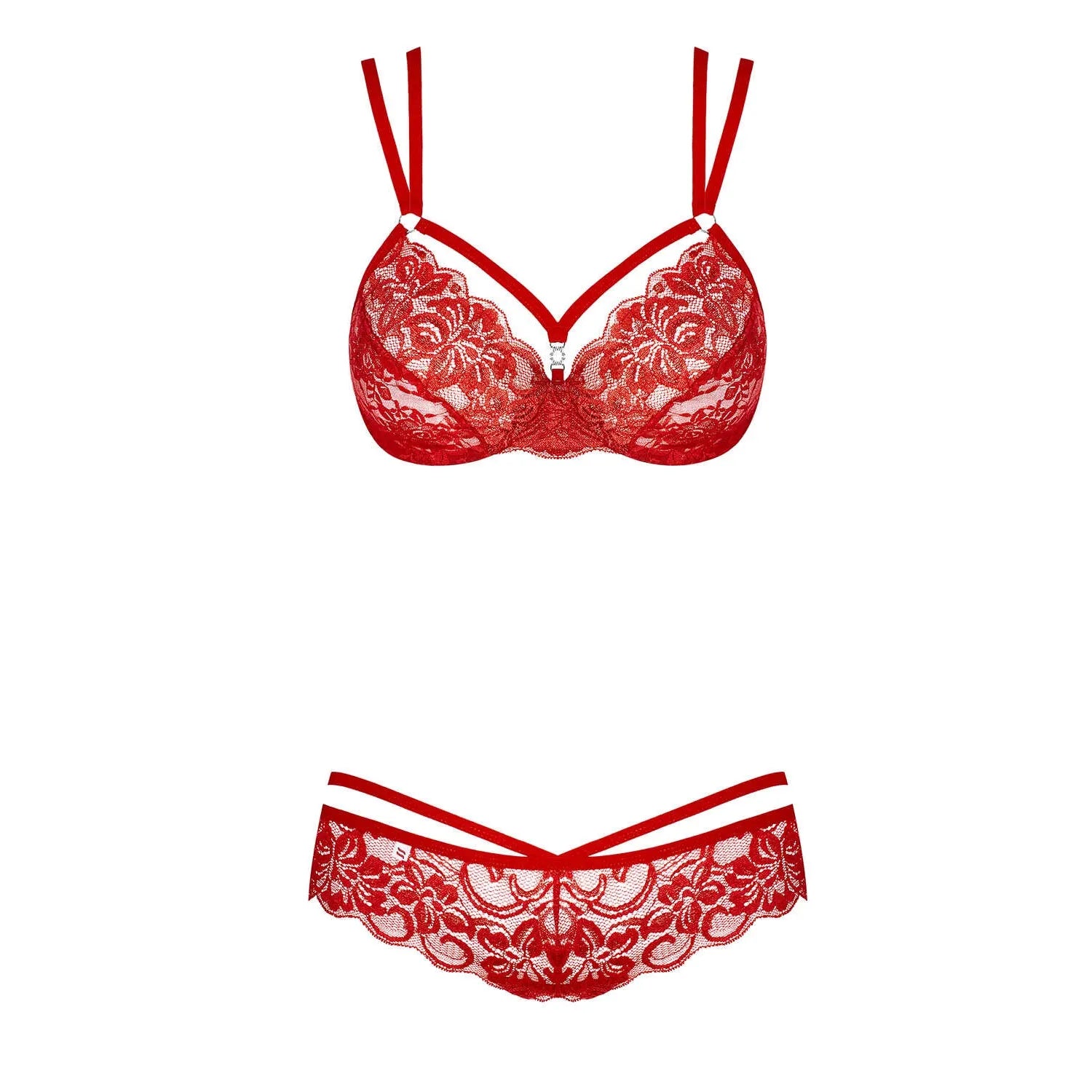 Ensemble lingerie rouge dentelle florale, design séduisant, ajustement parfait, élégance et raffinement.