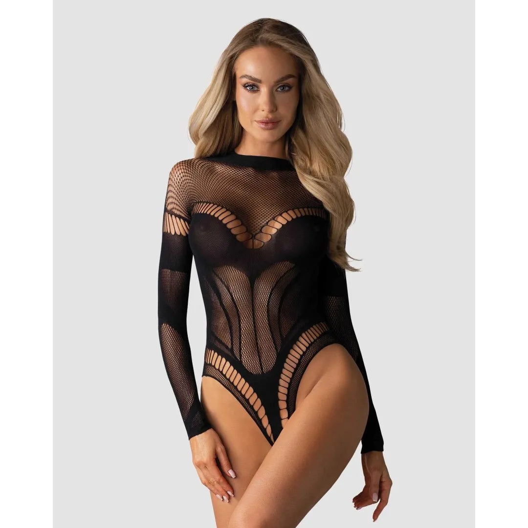 Body noir motifs géométriques, manches longues, entrejambe ouvert, coupe flatteuse, maille extensible, style sensuel.