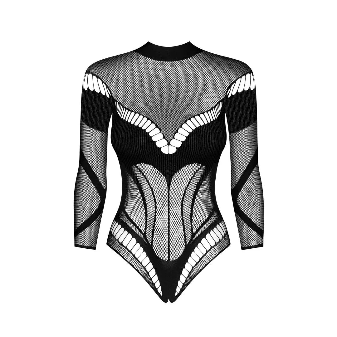 Body noir motifs géométriques, maille douce, manches longues, entrejambe ouvert, coupe arrière intrigante, nylon élasthanne.