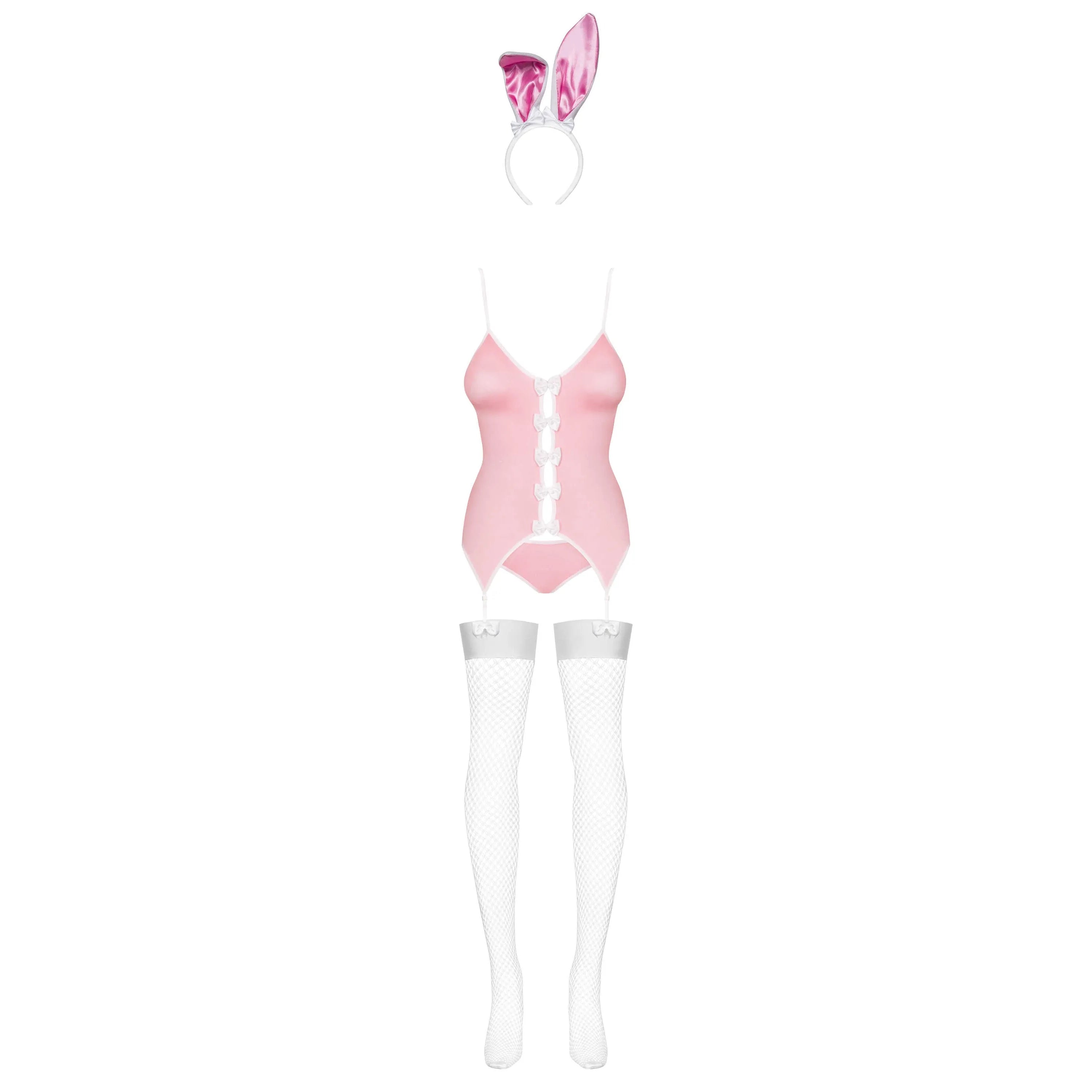 Costume lapin sexy rose avec oreilles, jarretelles ajustables, haut satiné, culotte et bas blancs, queue douce.
