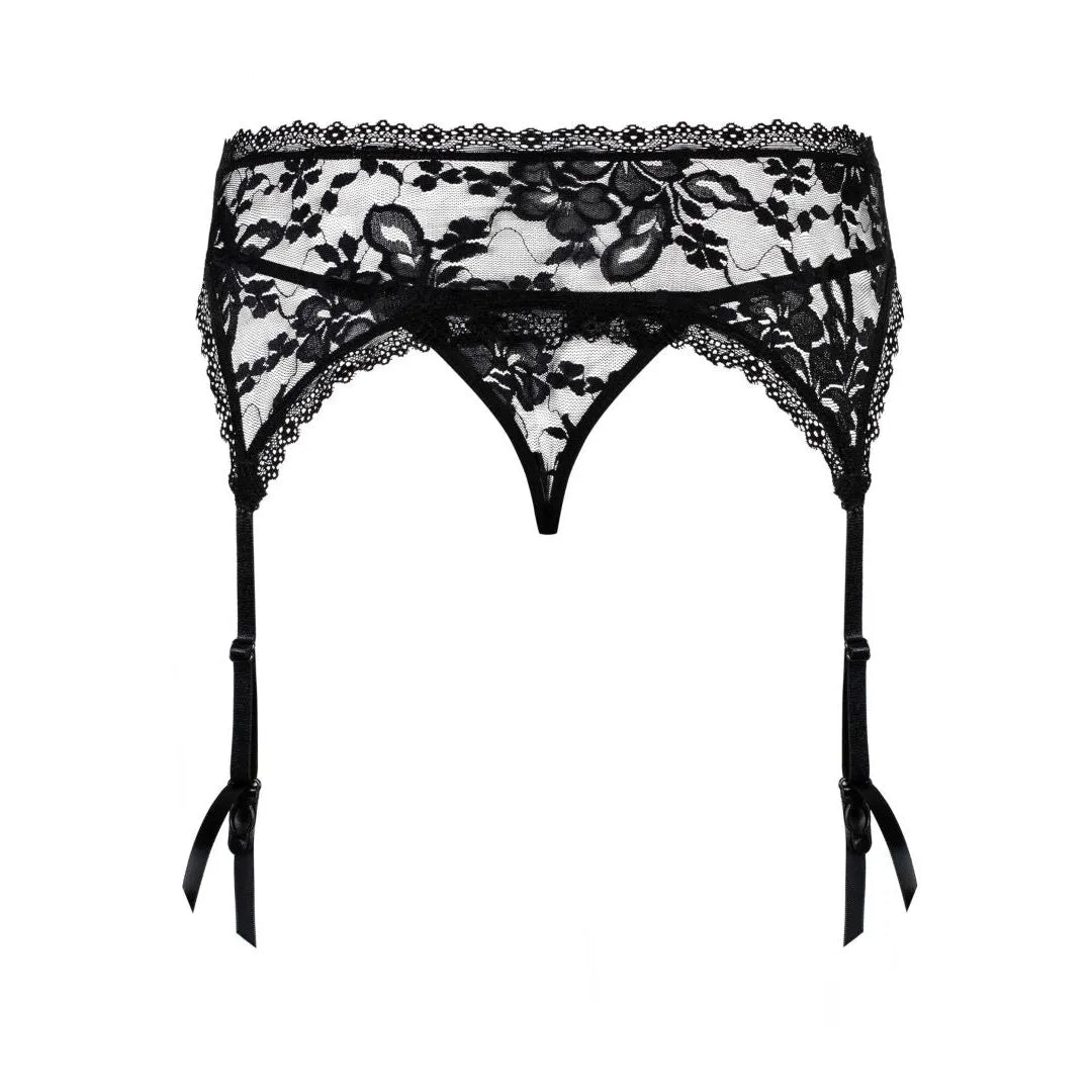 Porte-jarretelles dentelle noire motif floral, sangles réglables, string inclus, élégance et sensualité raffinée.