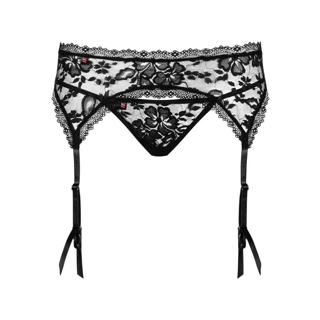 Porte-jarretelles dentelle noire motif floral, sangles ajustables, string inclus, charme et élégance raffinée.