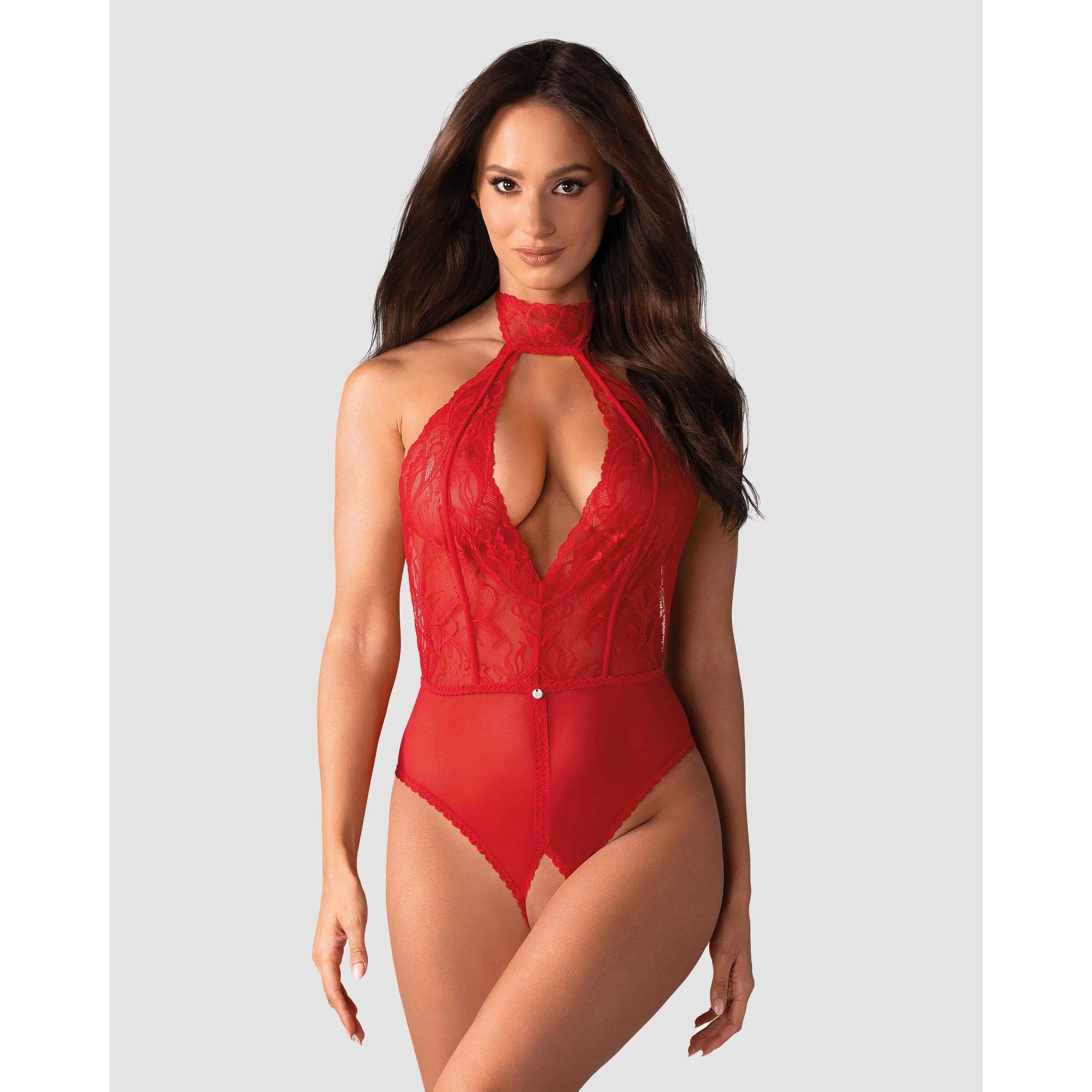 Body rouge en dentelle chic, décolleté plongeant, dos nu, entrejambe ouvert, séduction féminine, confort sophistiqué.