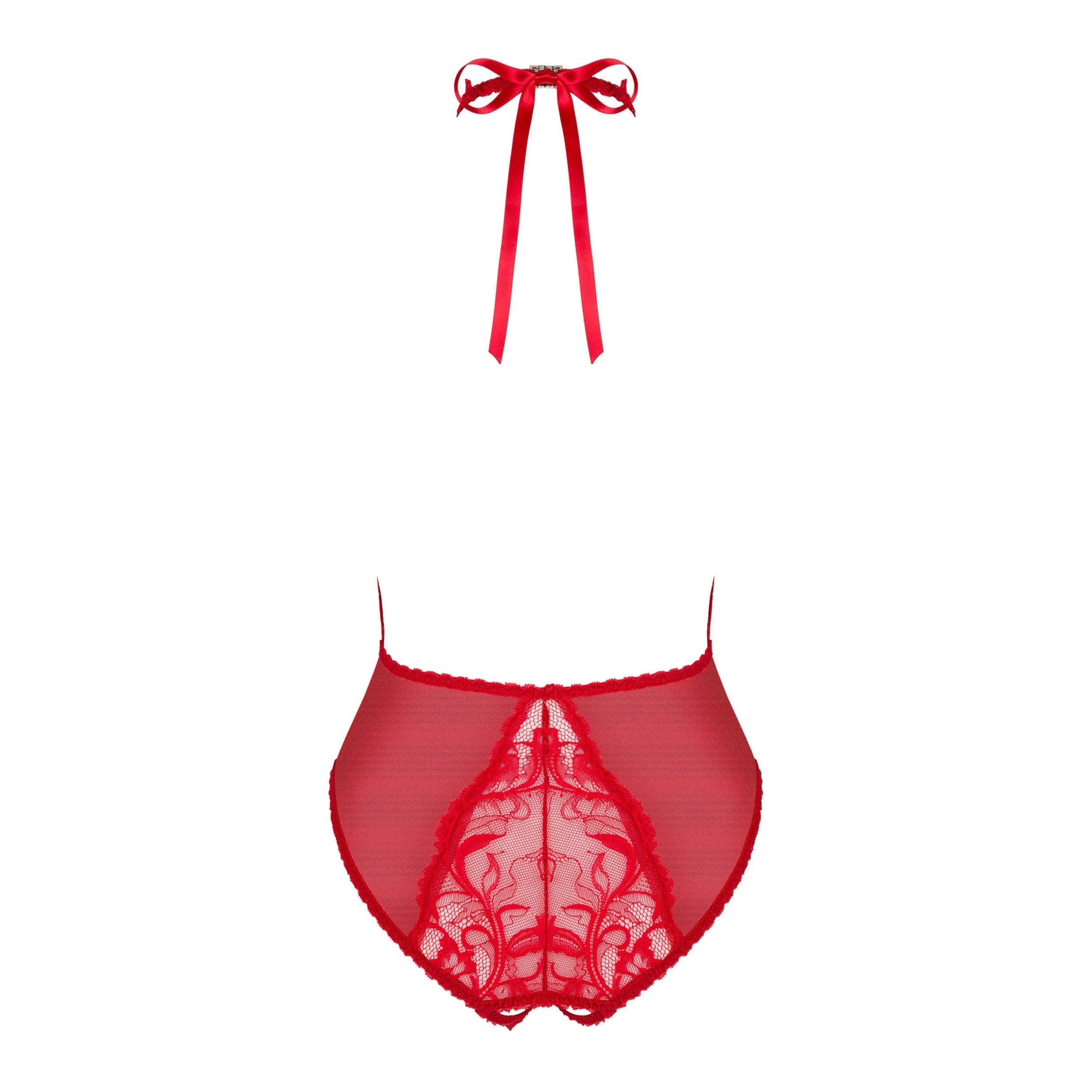 Body rouge dentelle chic entrejambe ouvert, décolleté plongeant, dos nu, élégant et sensuel pour séduction féminine.
