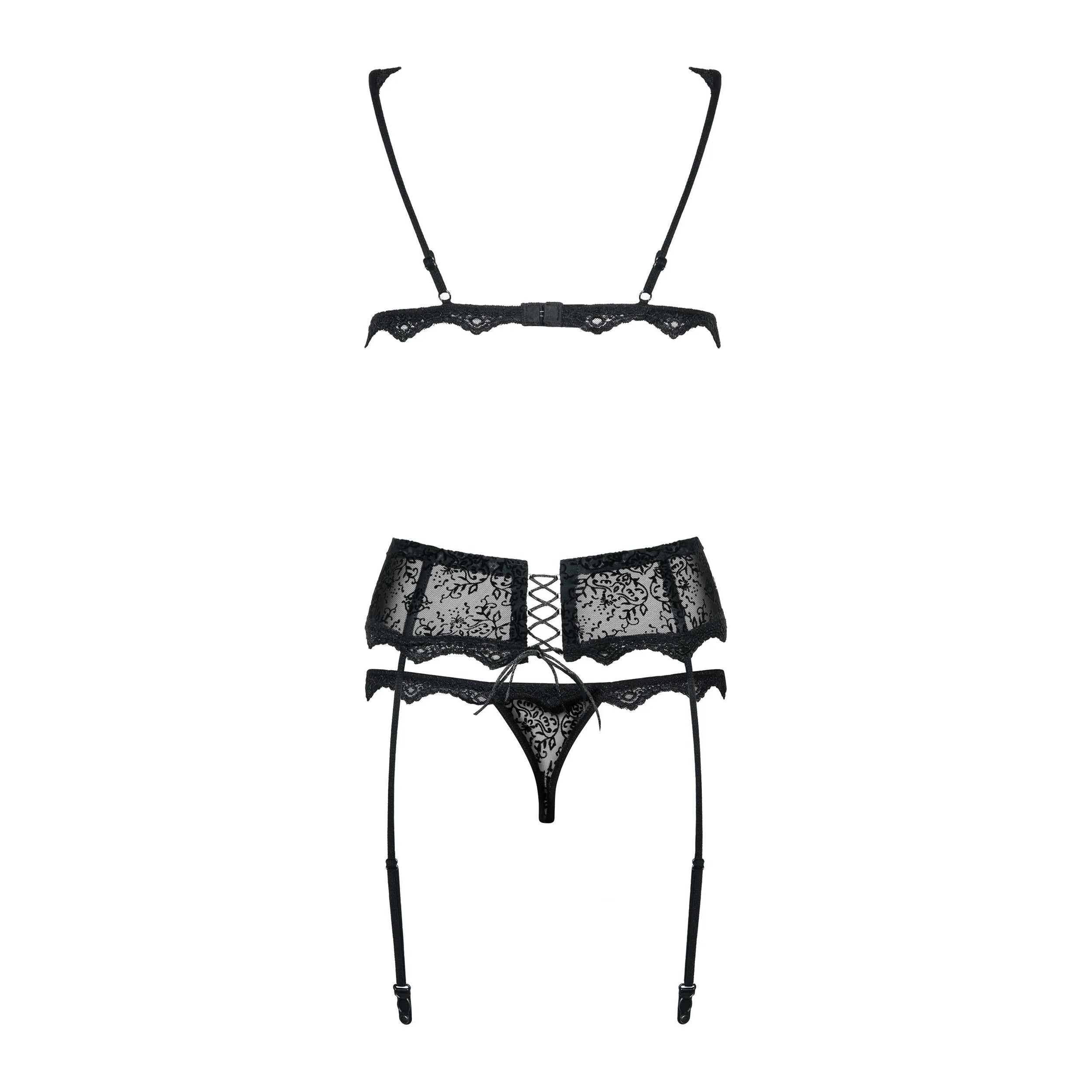 Ensemble lingerie trois pièces noir en velours et dentelle, porte-jarretelles, bretelles réglables, fermeture crochets.