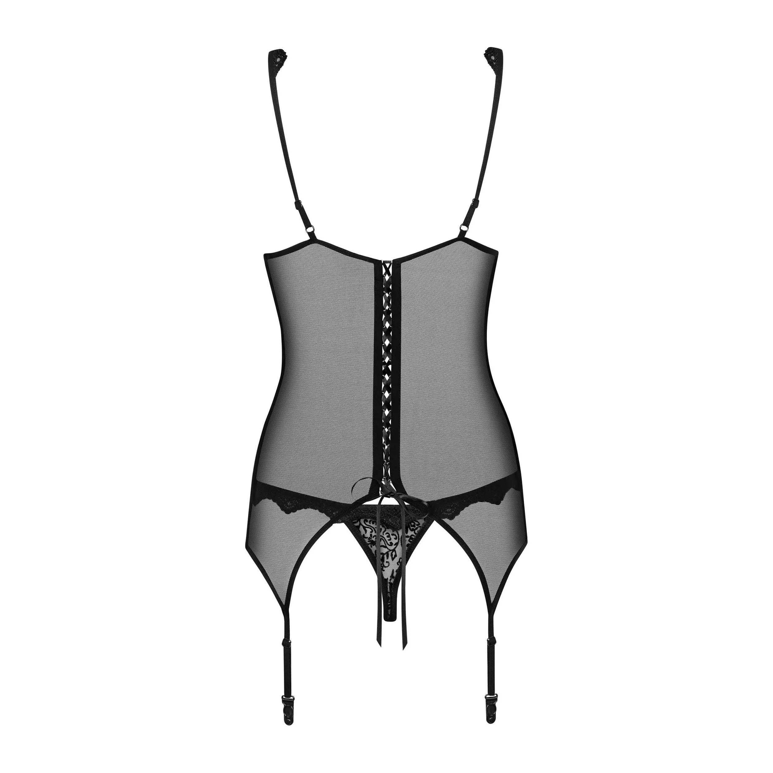 Guêpière noire dentelle et velours floral, jarretières, maille transparente, bretelles réglables, dos lacet, string assorti.