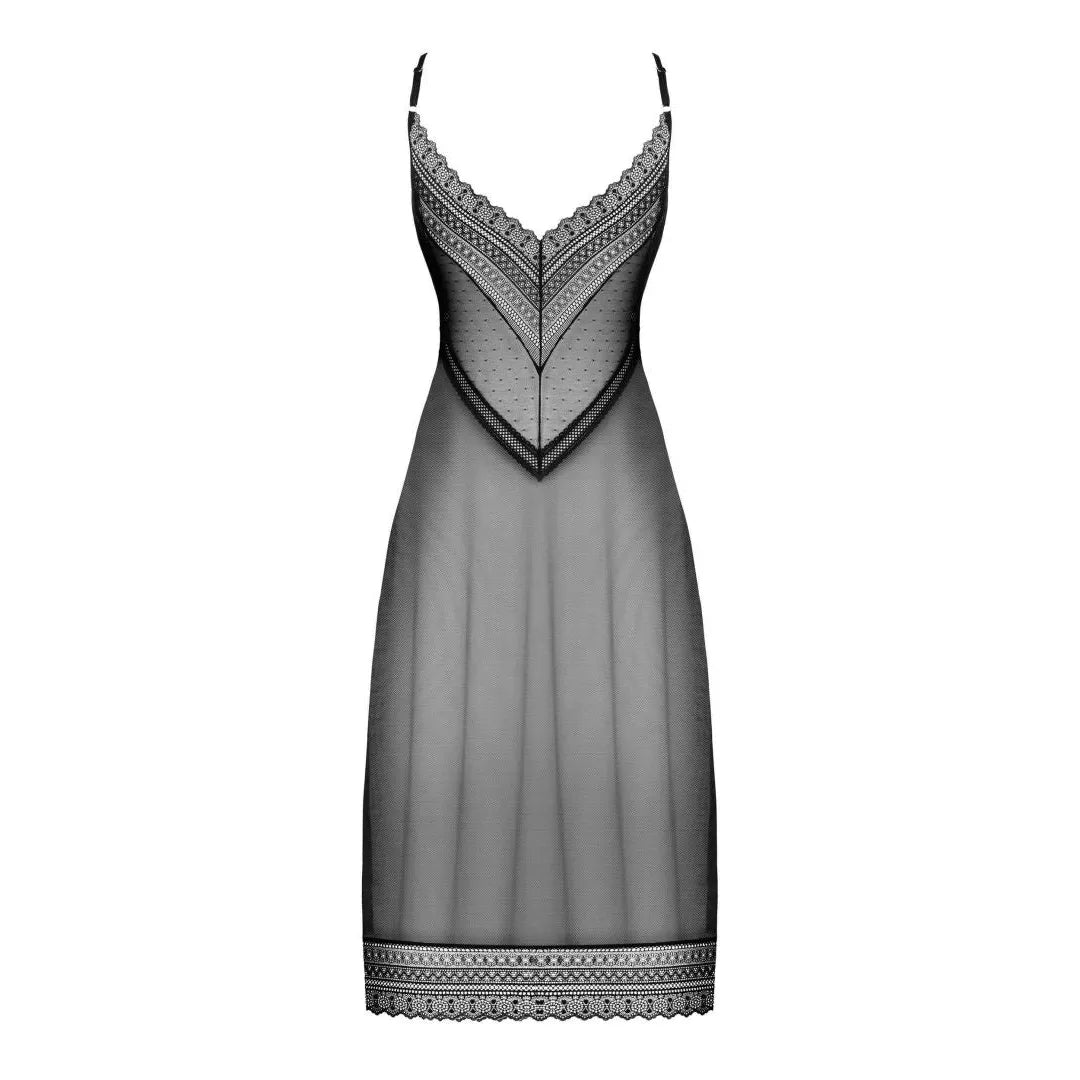 nuisette longue sexy Estiqua noire asymétrique dentelle délicate dos nu bretelles ajustables pendentif bijou taille polyamide elasthanne légère sensuelle sophistiquée