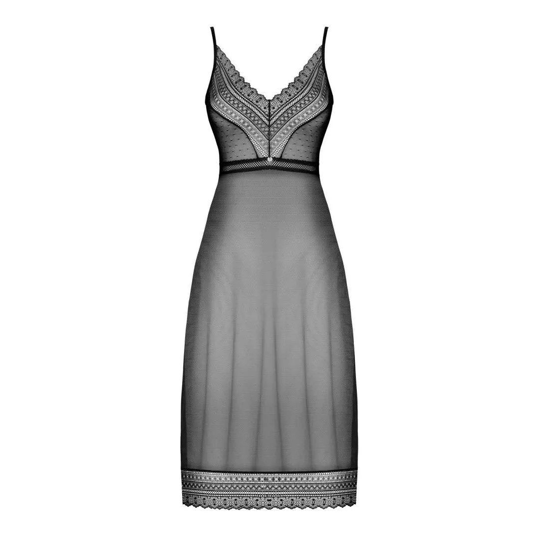 nuisette longue sexy Estiqua noire asymétrique dentelle délicate dos nu bretelles ajustables pendentif bijou taille polyamide elasthanne légère sensuelle sophistiquée