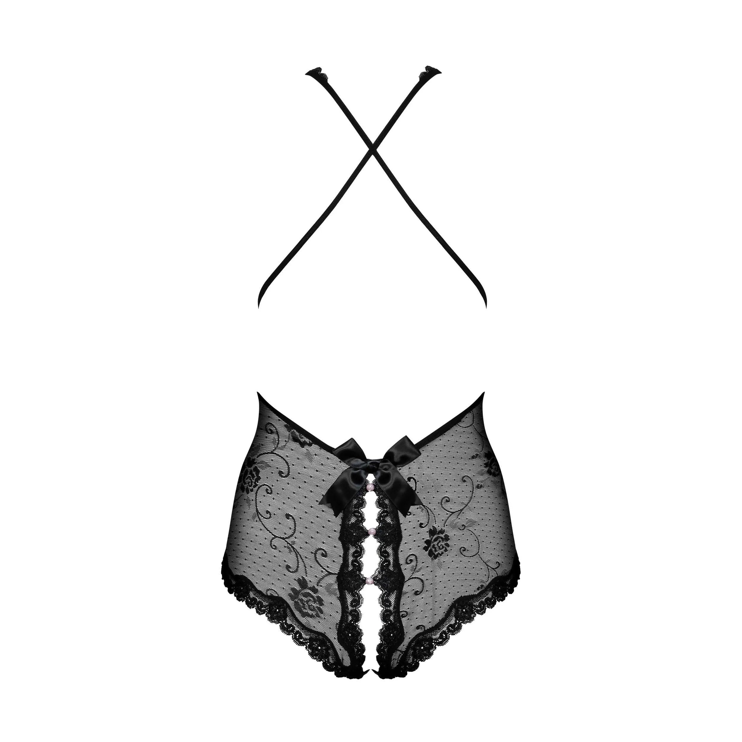 Justaucorps noir en dentelle florale, ouvert, bretelles ajustables, bonnets galbants, coupe élastique sophistiquée.