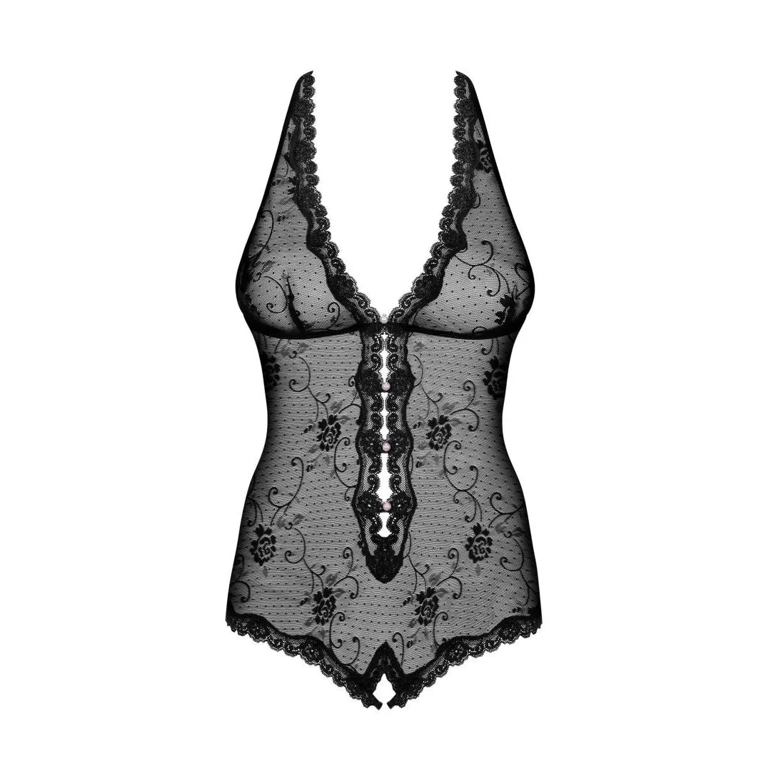 Body noir en dentelle florale avec bretelles ajustables, bonnets galbants et coupe élastique sophistiquée.