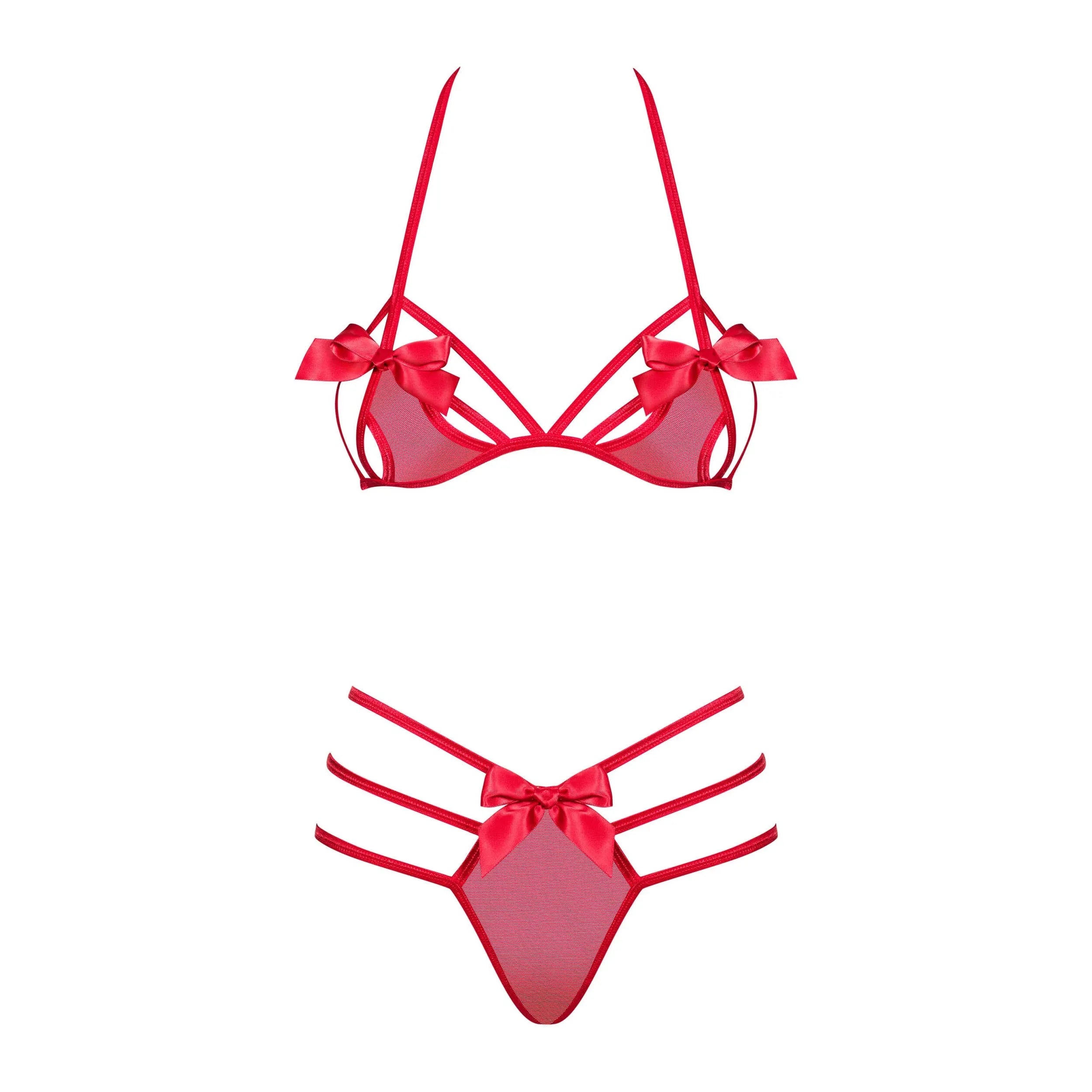 Ensemble lingerie rouge glamour avec soutien-gorge dos nu réglable, string lanières, bonnets découpés et nœuds décoratifs.