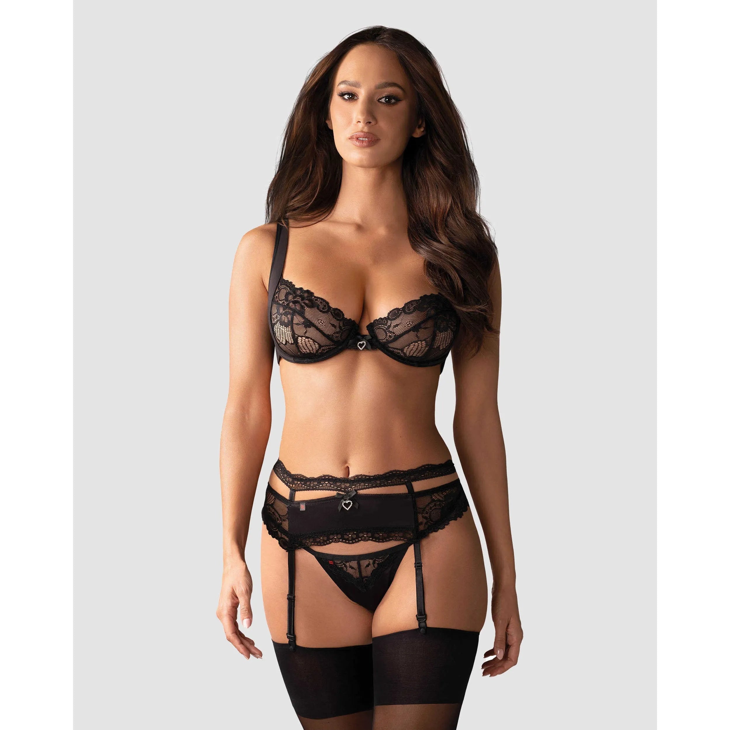 Heartina ensemble lingerie trois pièces noir dentelle sensuelle ajustable soutien gorge culotte porte jarretelles