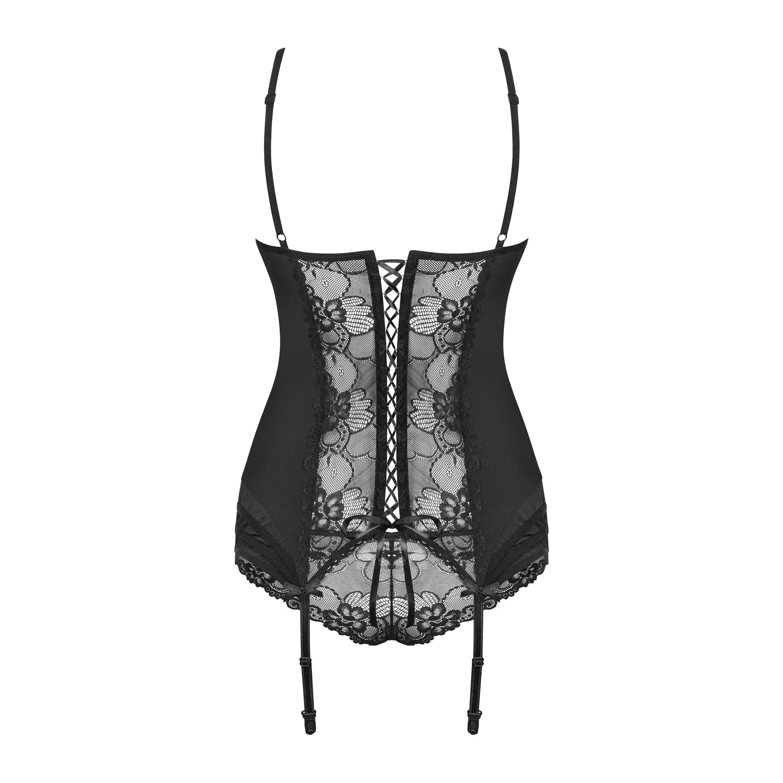 Guêpière Heartina noire transparente, dentelle florale, bretelles ajustables, élégante et sensuelle en polyamide élasthanne.