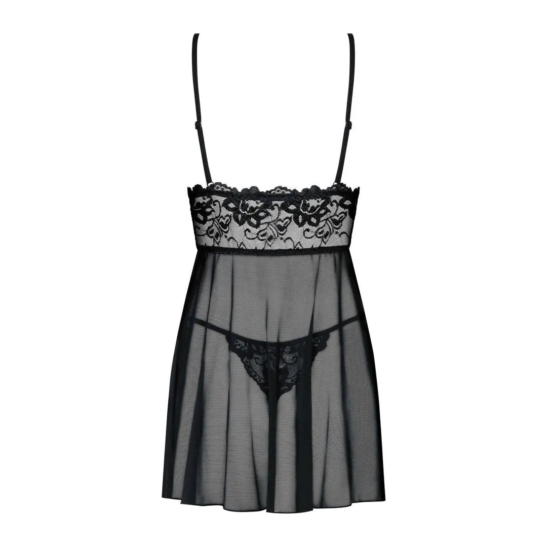 Imperia babydoll noir dentelle sexy bretelles réglables string assorti transparent élégant sensuel évasé maille élasthanne confortable