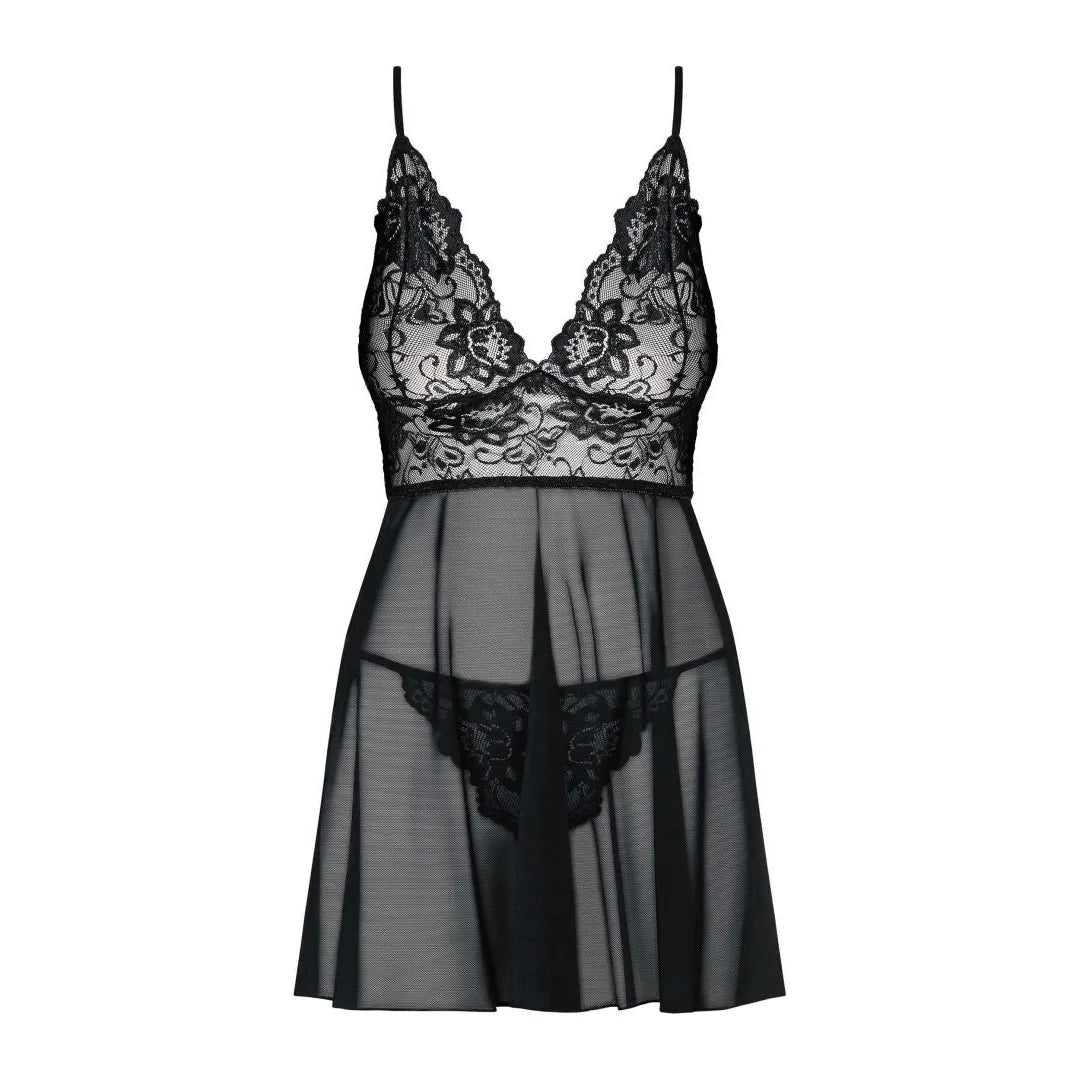 Imperia babydoll noir dentelle sexy bretelles réglables string assorti transparent élégant sensuel évasé maille élasthanne confortable