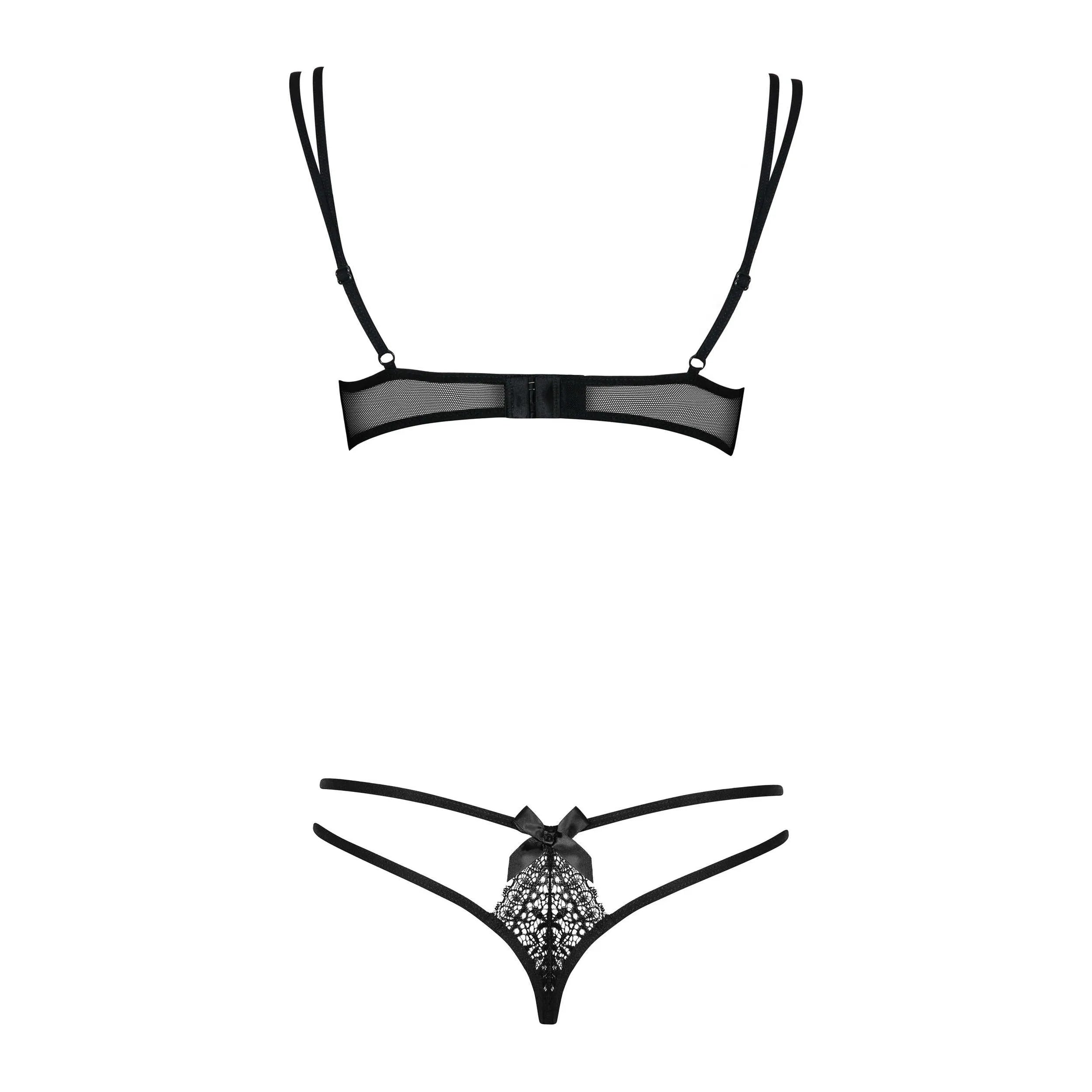 Ensemble lingerie sexy dentelle noire, soutien-gorge lanières, décolleté audacieux, taille S-XL, silhouette sublimée.