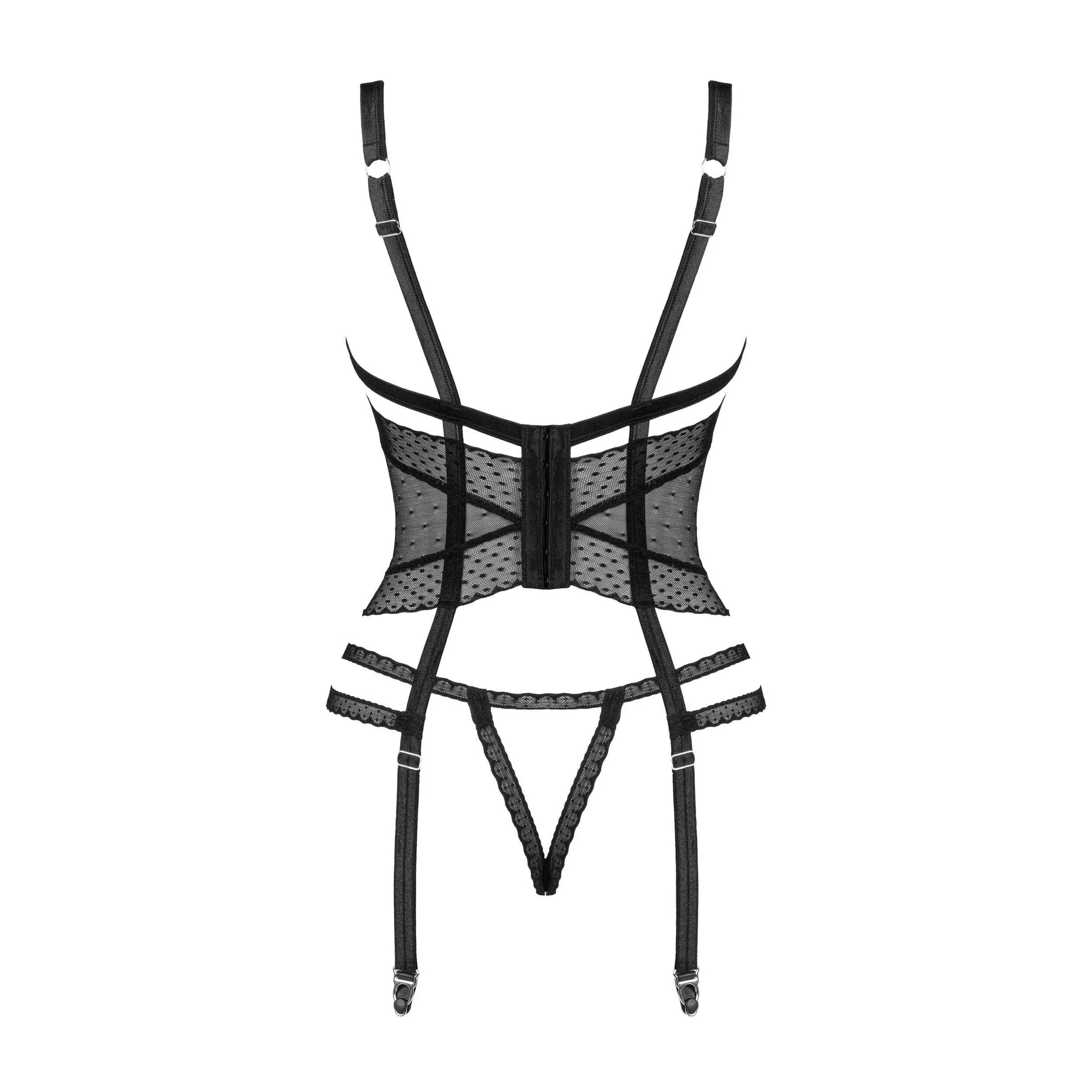 Lanelia Corset noir sexy maille translucide bretelles réglables soutiengorge ouvert jarretelles maintien audacieux sophistiqué élégant séduisant