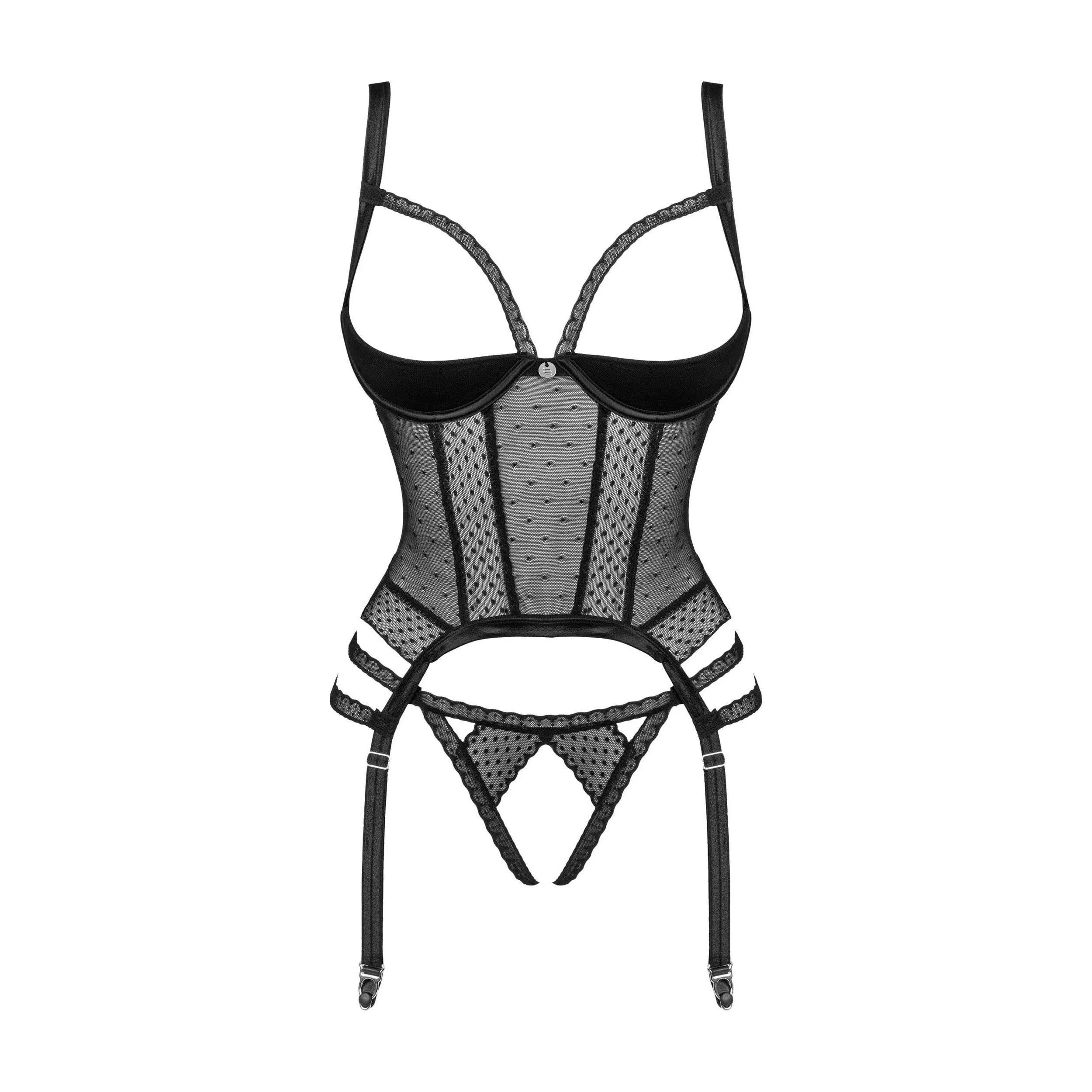 Lanelia Corset noir sexy maille translucide bretelles réglables soutiengorge ouvert jarretelles maintien audacieux sophistiqué élégant séduisant