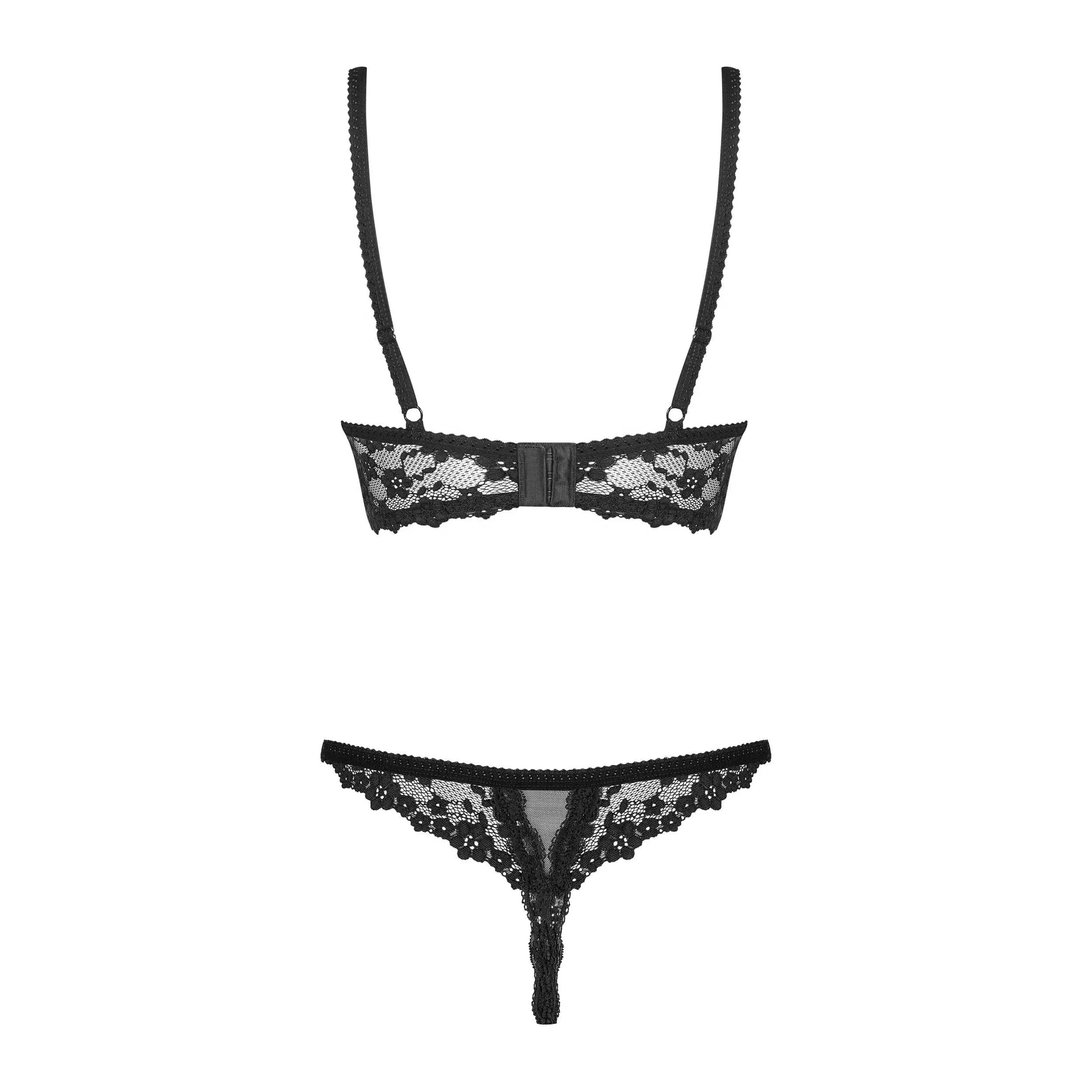 Ensemble lingerie dentelle noire ouvert, soutien-gorge sans bonnet, string ajustable, bretelles fines, cristaux.