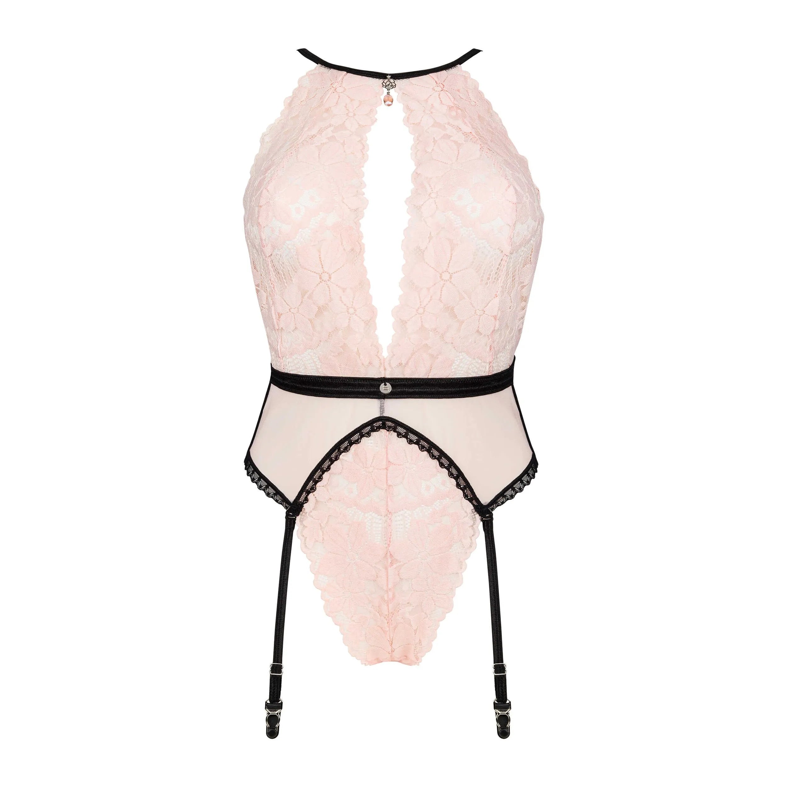 Body rose en dentelle florale avec porte-jarretelles, dos nu, bretelles réglables, pendentif bijou, design chic et sensuel.