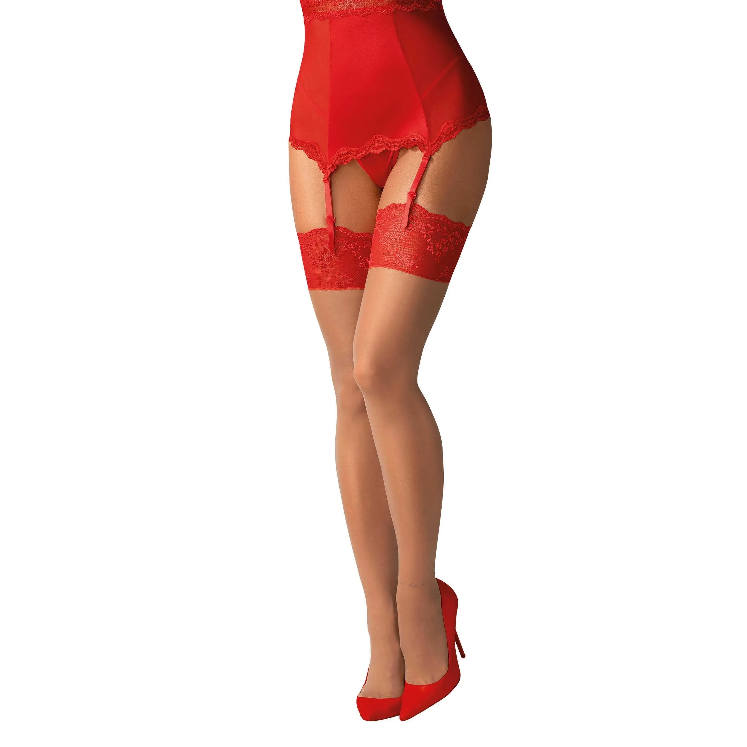 bas sexy rouges dentelle jarretières chair polyamide élasthanne confort maintien douceur ajustement séduction glamour romantique
